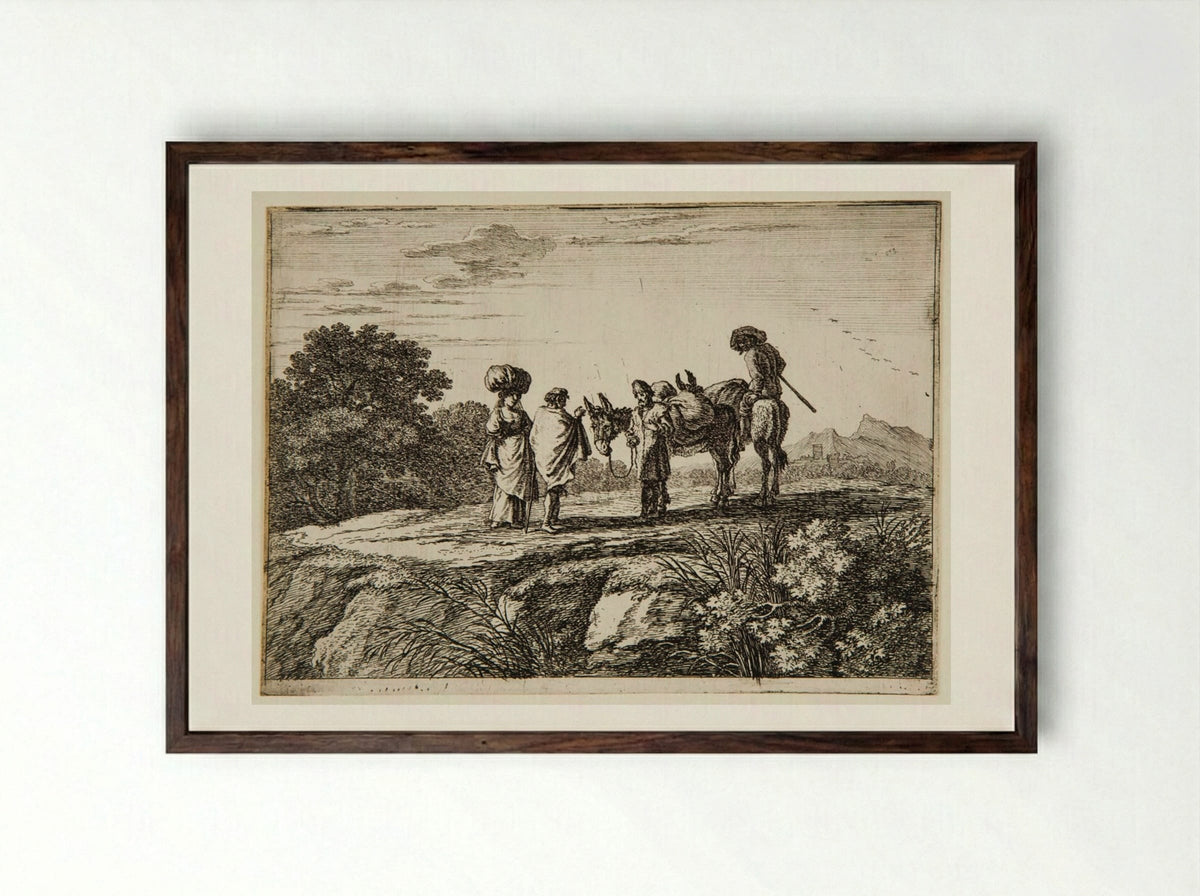 Travelers, One a Woman with a Bundle on Her Head - Herman van Swanevelt - Framed Print Dark Wood