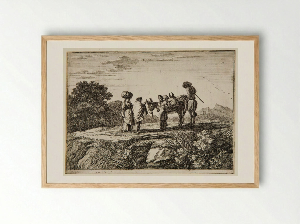 Travelers, One a Woman with a Bundle on Her Head - Herman van Swanevelt - Framed Print Wood