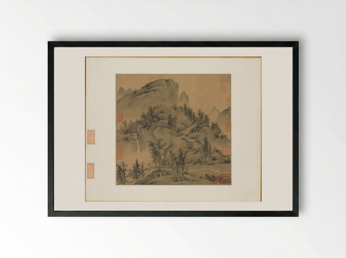 Travelers in Autumn Mountains - Sheng Mou - Framed Print Black
