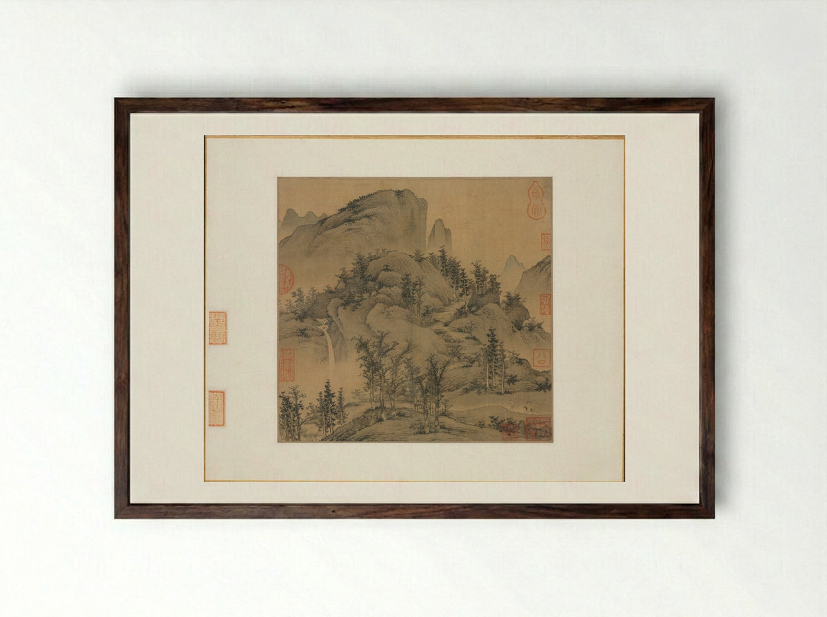 Travelers in Autumn Mountains - Sheng Mou - Framed Print Dark Wood