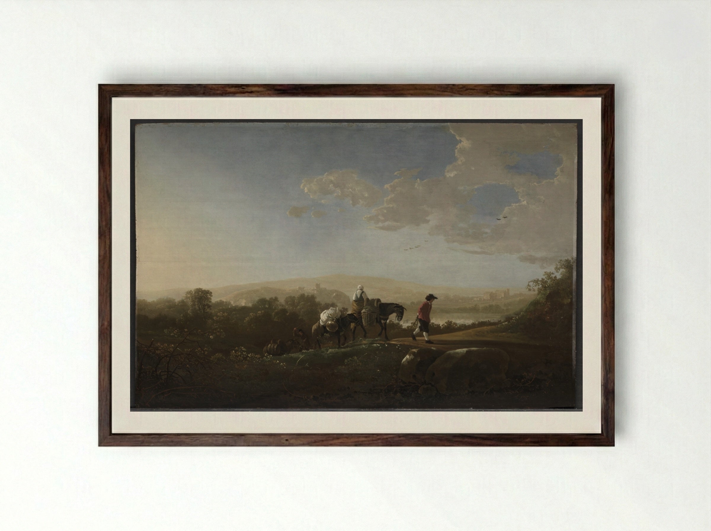 Travelers in Hilly Countryside - Aelbert Cuyp - Framed Print Dark Wood