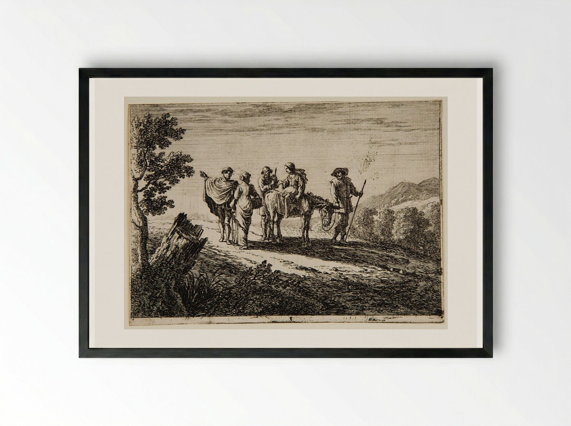 Travelers in a Landscape with a Large Stump at Left - Herman van Swanevelt - Framed Print Black