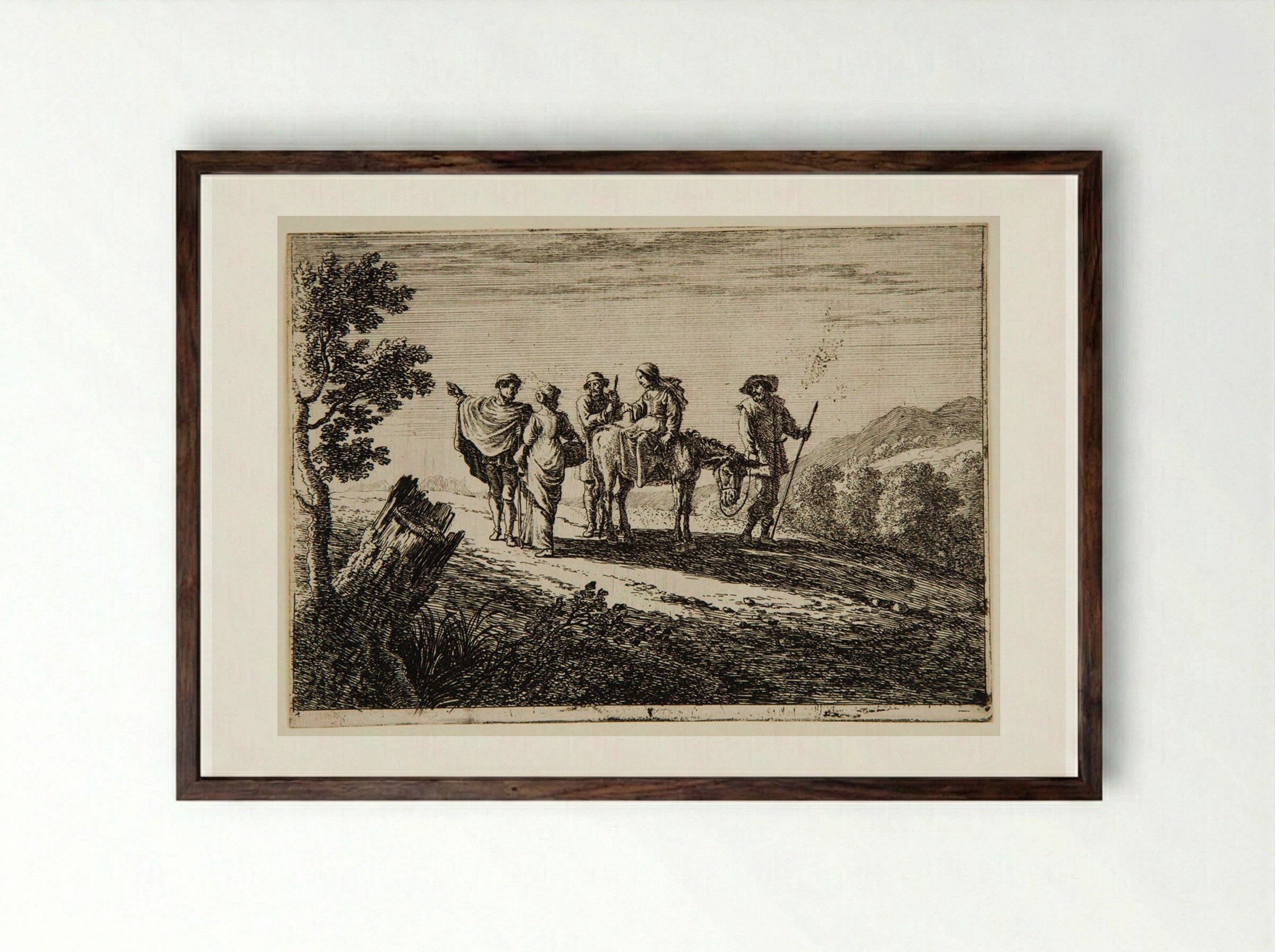 Travelers in a Landscape with a Large Stump at Left - Herman van Swanevelt - Framed Print Dark Wood