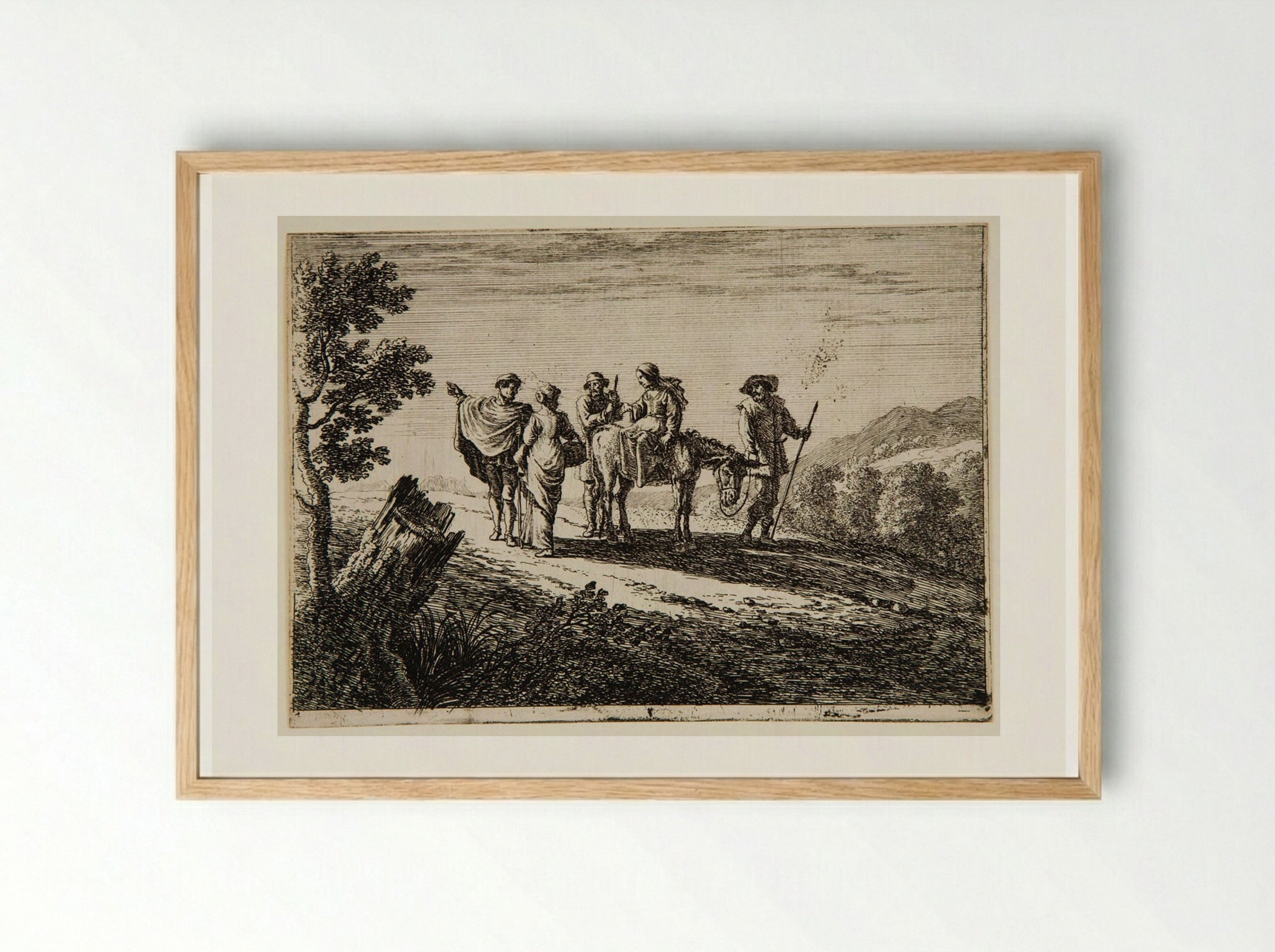 Travelers in a Landscape with a Large Stump at Left - Herman van Swanevelt - Framed Print Wood