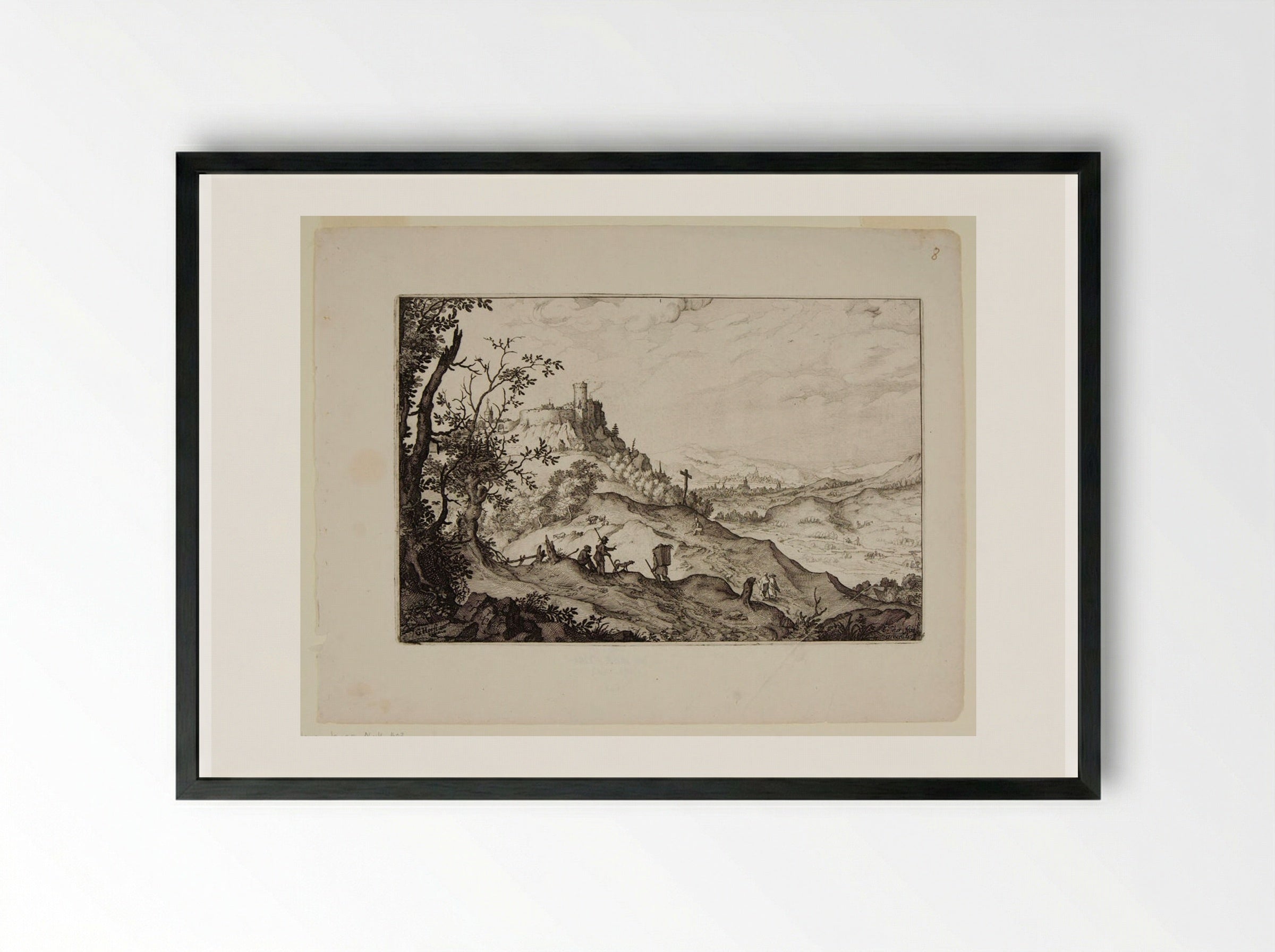 Travelers in a Landscape - Claes Jansz. Visscher - Framed Print Black