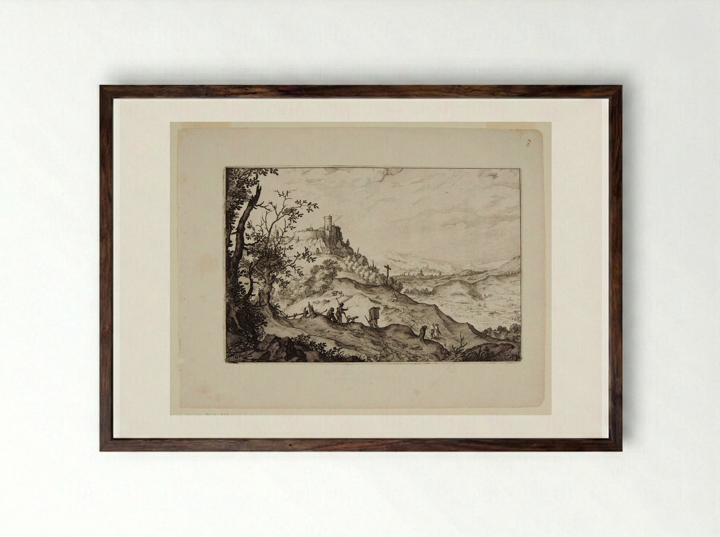 Travelers in a Landscape - Claes Jansz. Visscher - Framed Print Dark Wood