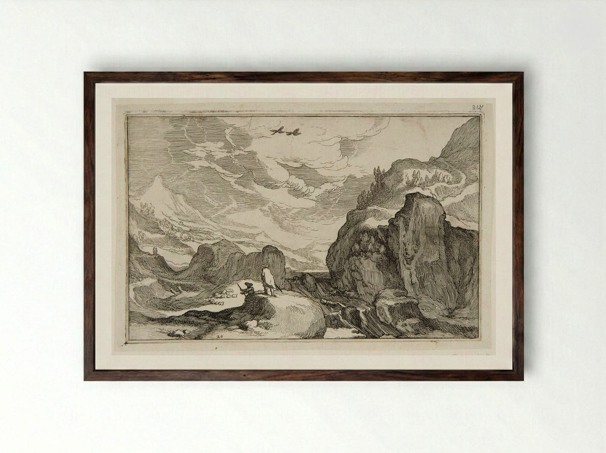 Travelers in a Rocky Landscape - Boetius Adamsz. Bolswert - Framed Print Dark Wood