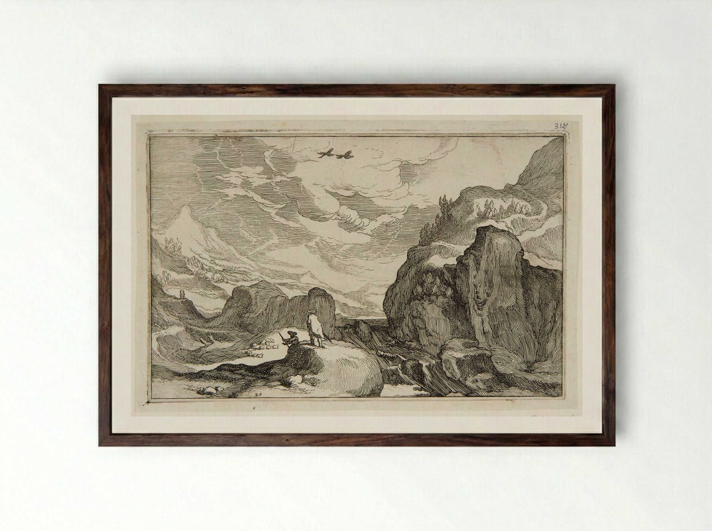 Travelers in a Rocky Landscape - Boetius Adamsz. Bolswert - Framed Print Dark Wood