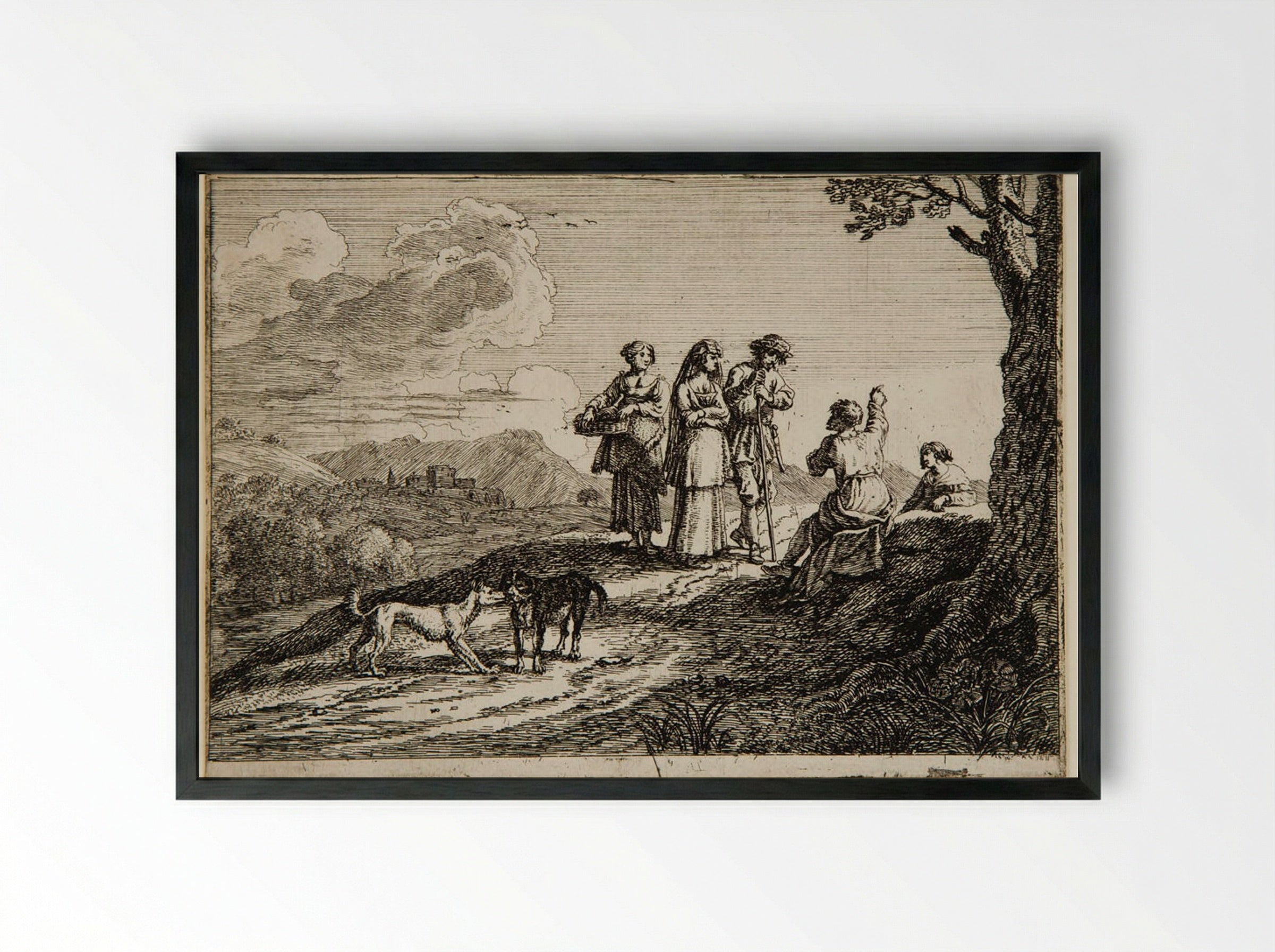 Travelers with Two Dogs - Herman van Swanevelt - Framed Print Black