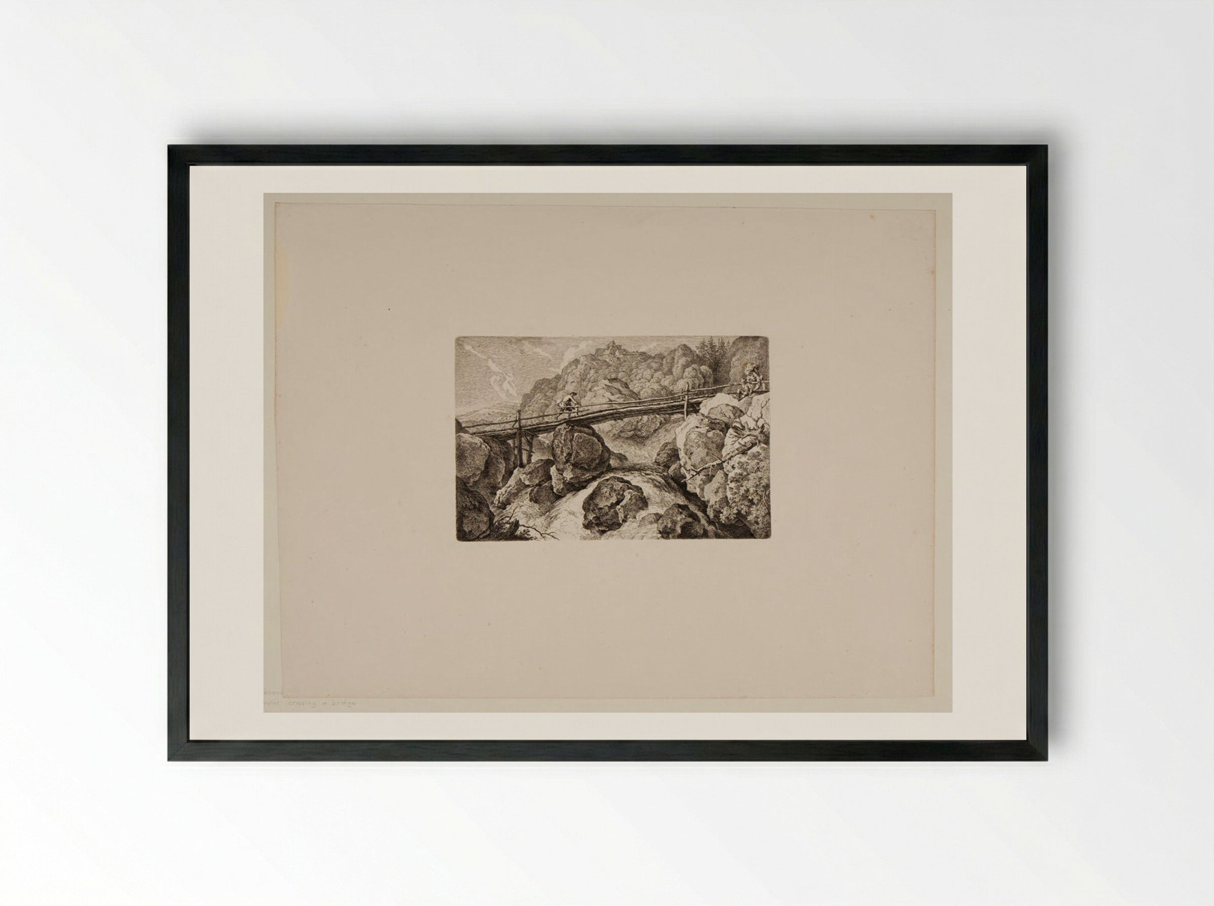 Traveller Crossing a Bridge over a Torrent - Ferdinand Kobell - Framed Print Black
