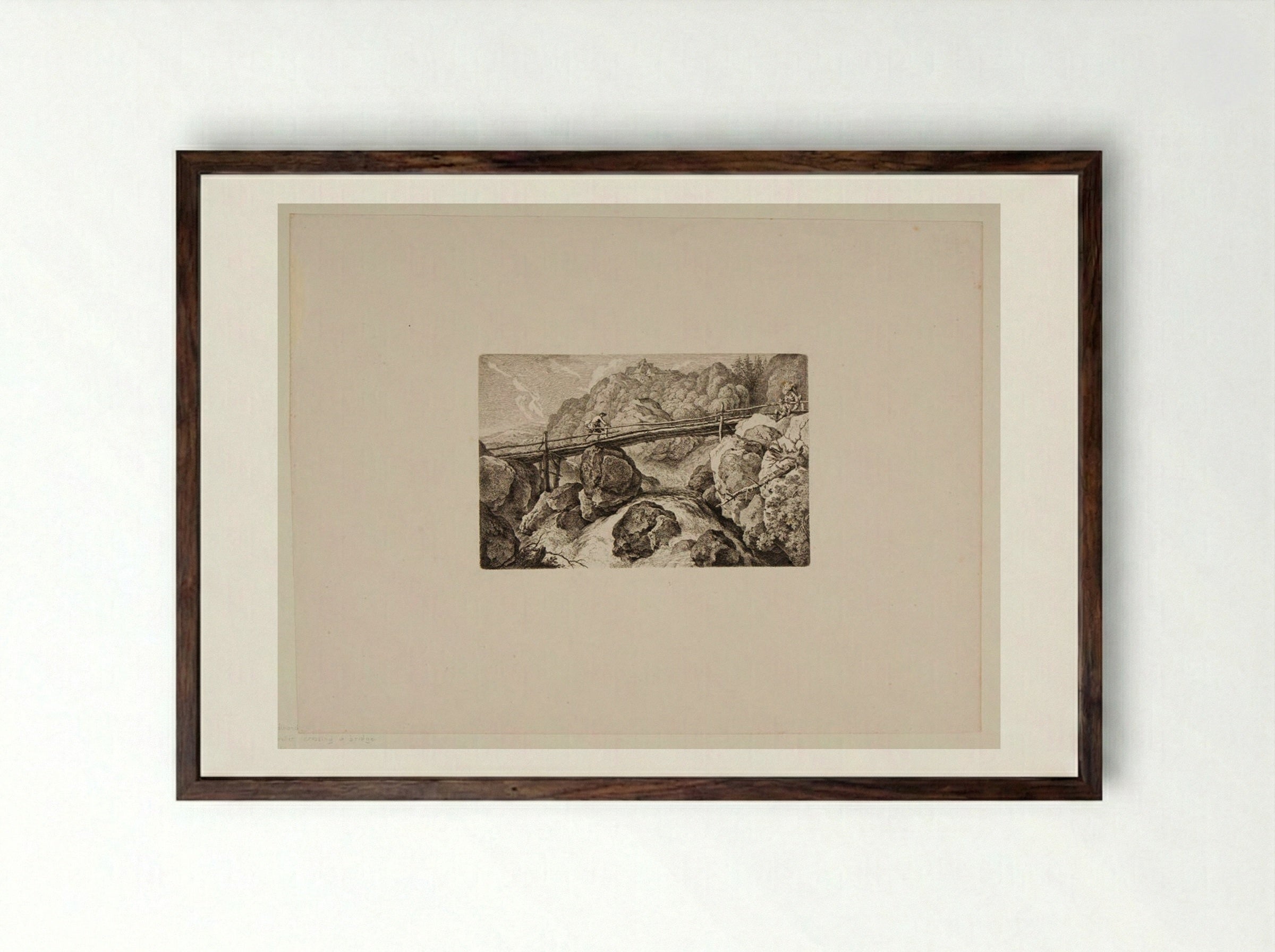 Traveller Crossing a Bridge over a Torrent - Ferdinand Kobell - Framed Print Dark Wood