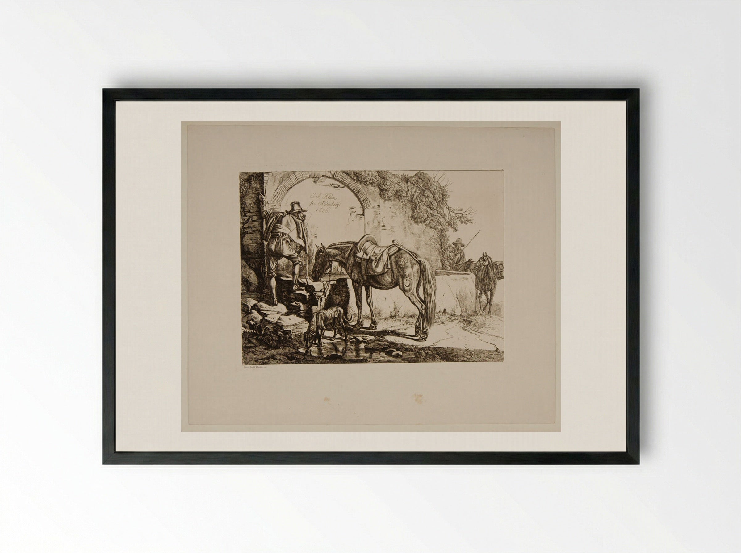 Traveller Watering His Horse - Johann Adam Klein - Framed Print Black