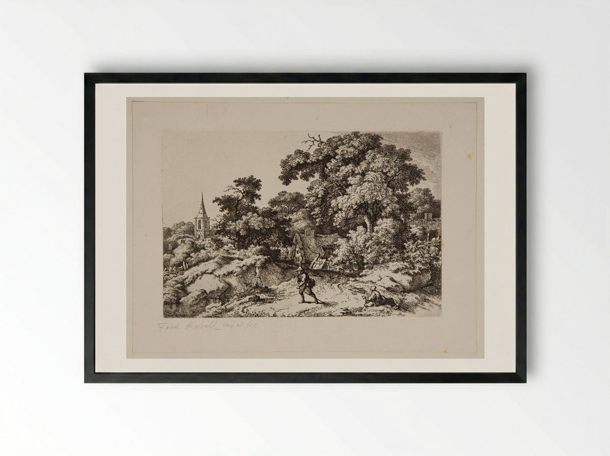 Traveller on the Road Leading from a Hamlet - Ferdinand Kobell - Framed Print Black