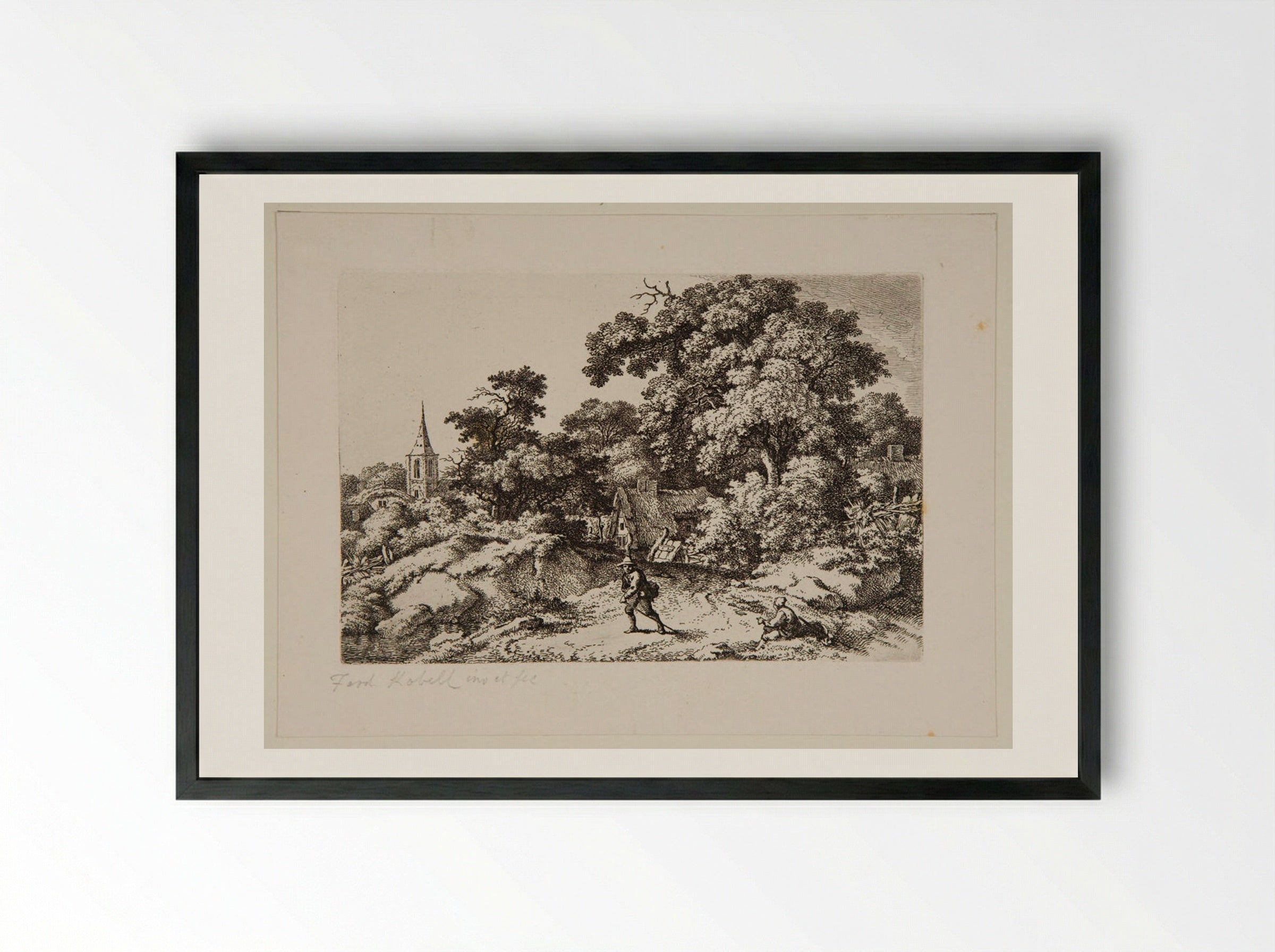 Traveller on the Road Leading from a Hamlet - Ferdinand Kobell - Framed Print Black