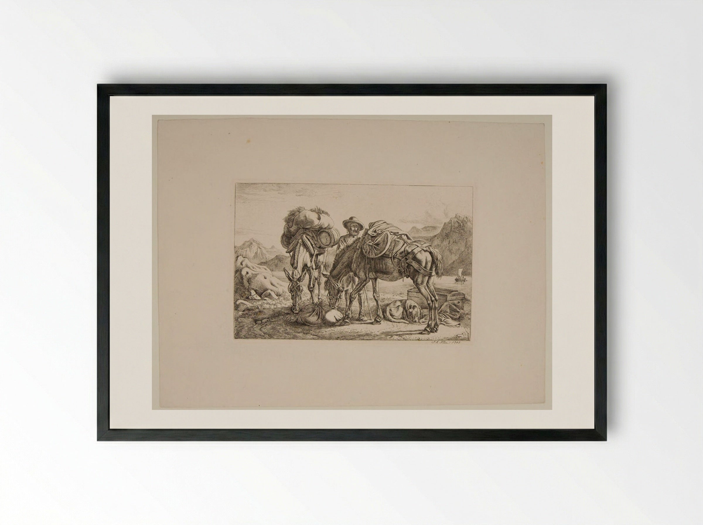 Traveller with Two Horses - Johann Adam Klein - Framed Print Black