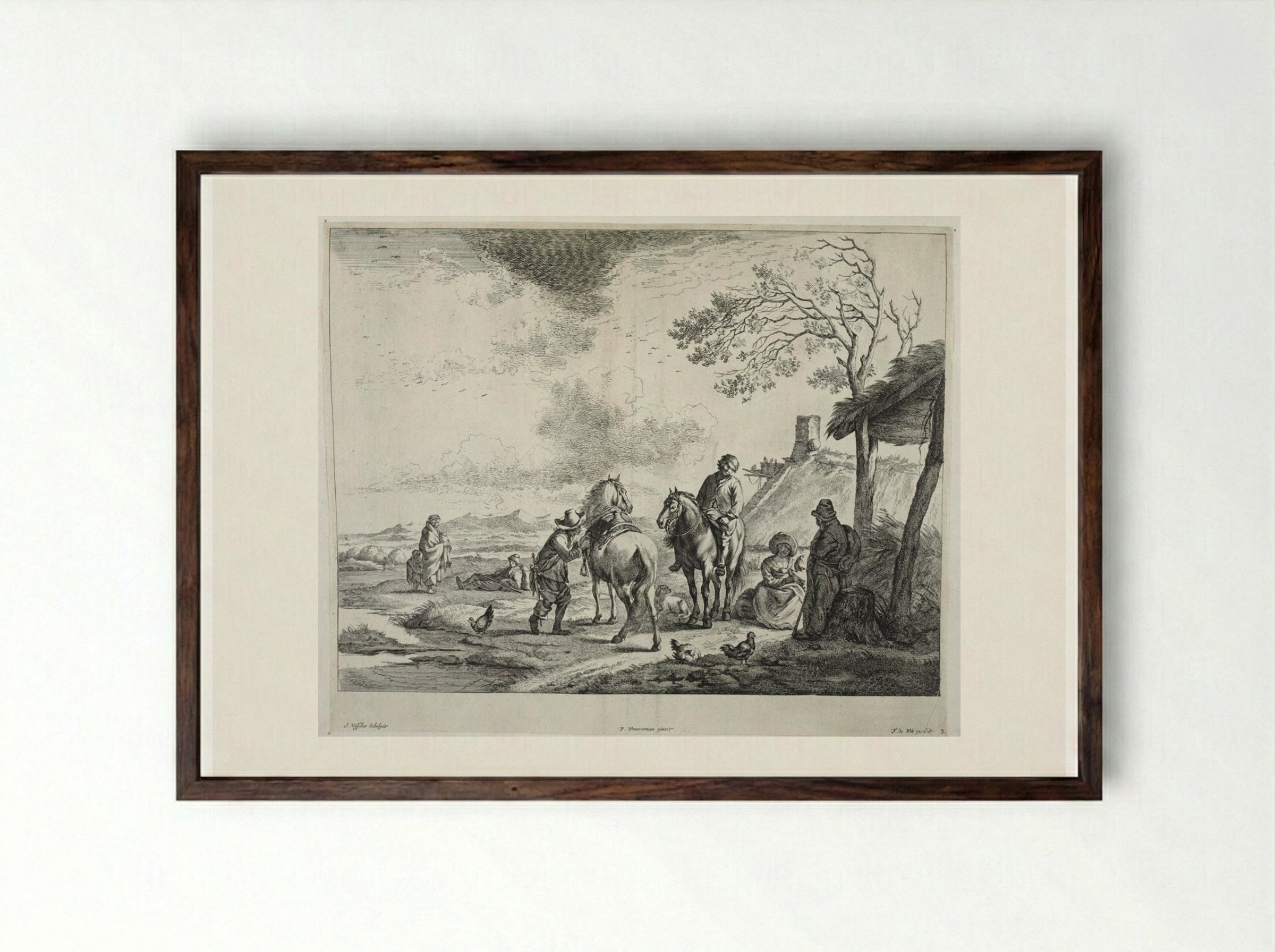 Travellers Near a Hut - Johannes Visscher - Framed Print Dark Wood