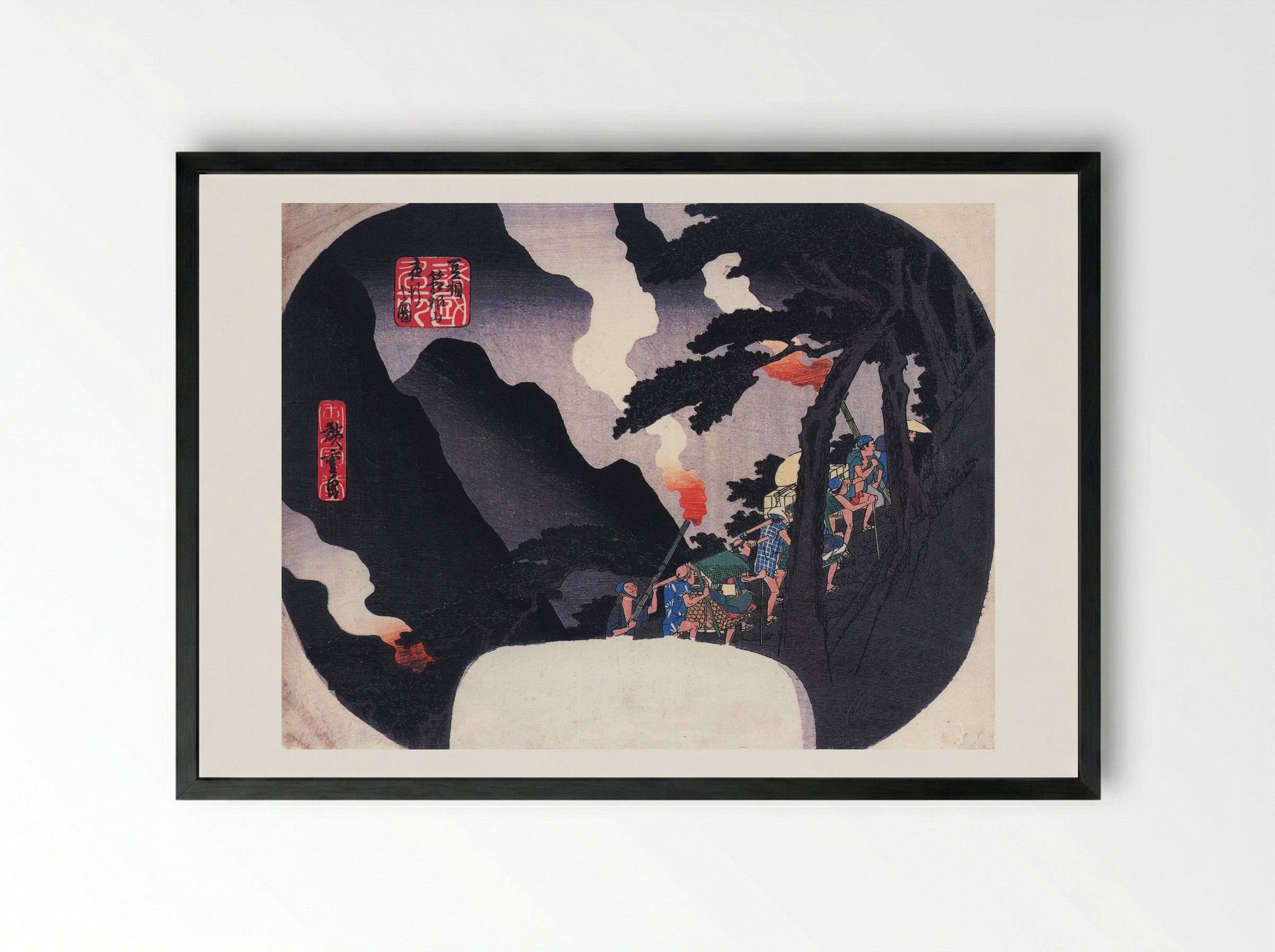 Travellers on a Mountain Path at Night - Utagawa Hiroshige - Framed Print Black