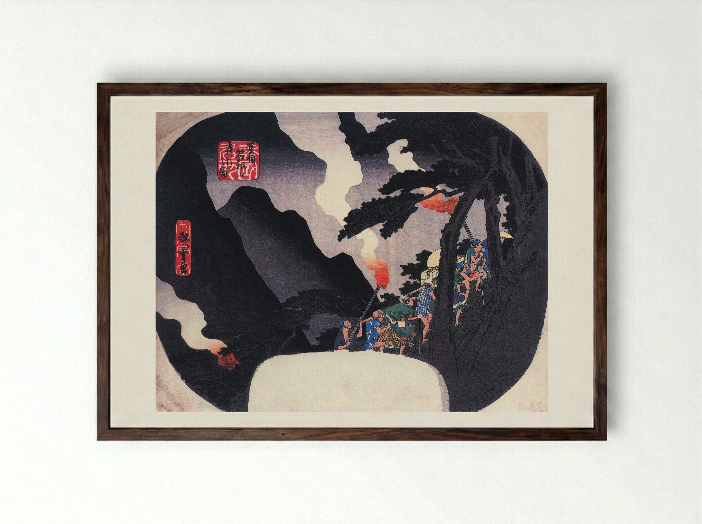 Travellers on a Mountain Path at Night - Utagawa Hiroshige - Framed Print Dark Wood
