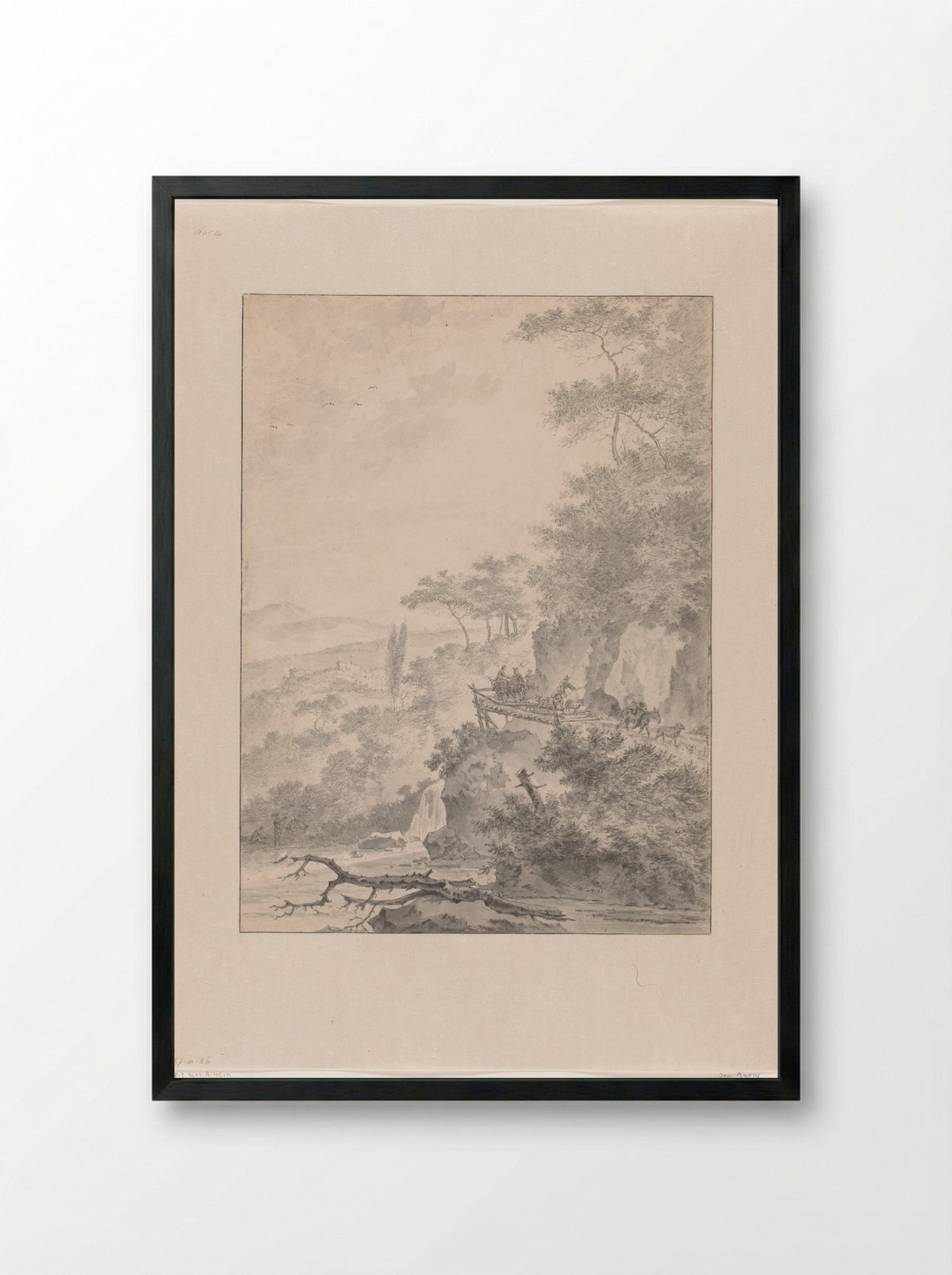 Travellers with Cattle on a Mountain Bridge - Adam Pijnacker - Framed Print Black