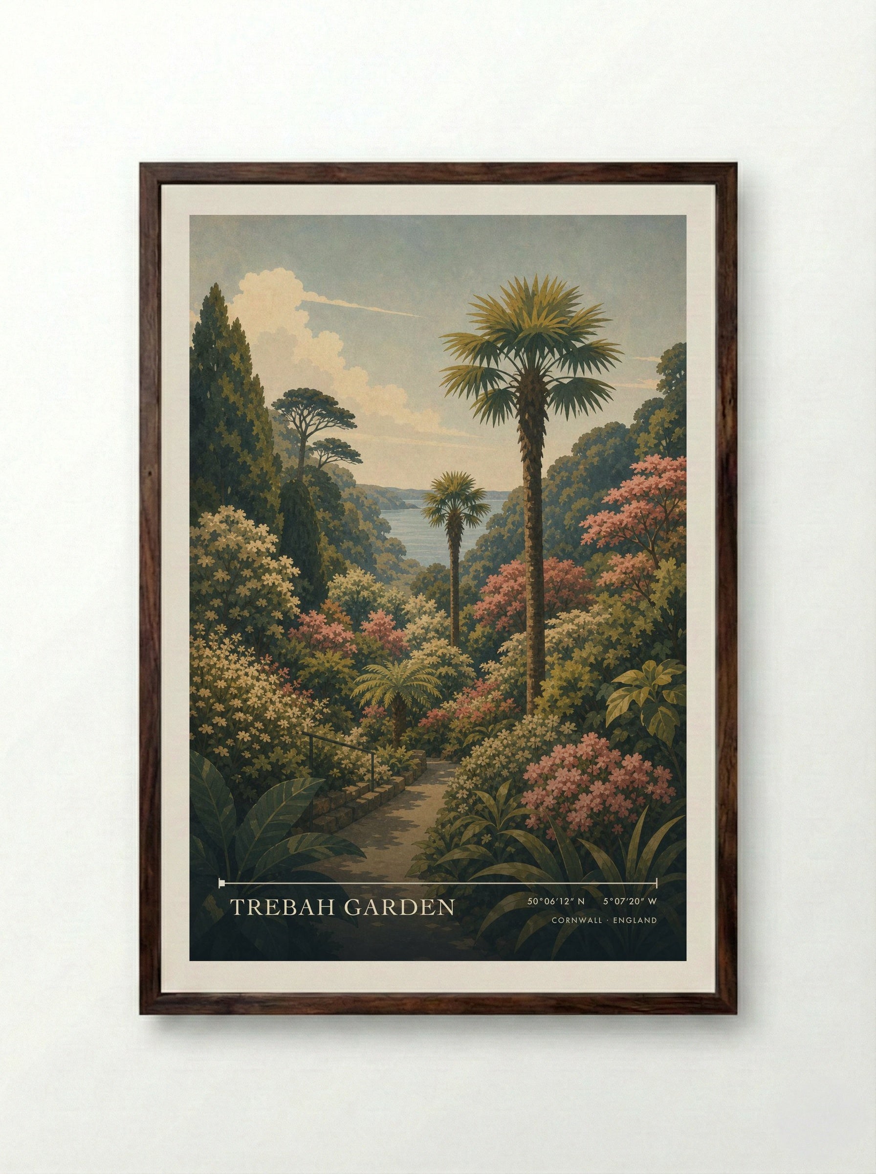 Trebah Garden Cornwall England Travel Poster - Framed Print Dark Wood