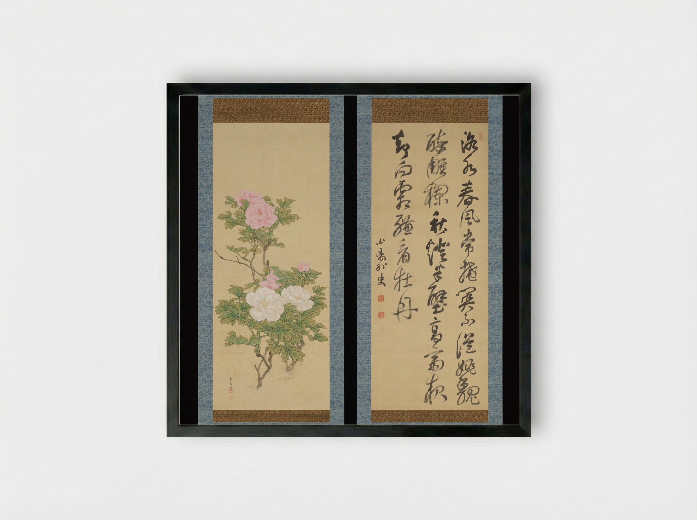 Tree Peonies and Chinese Poem on Peonies - Matsumura Keibun - Framed Print Black