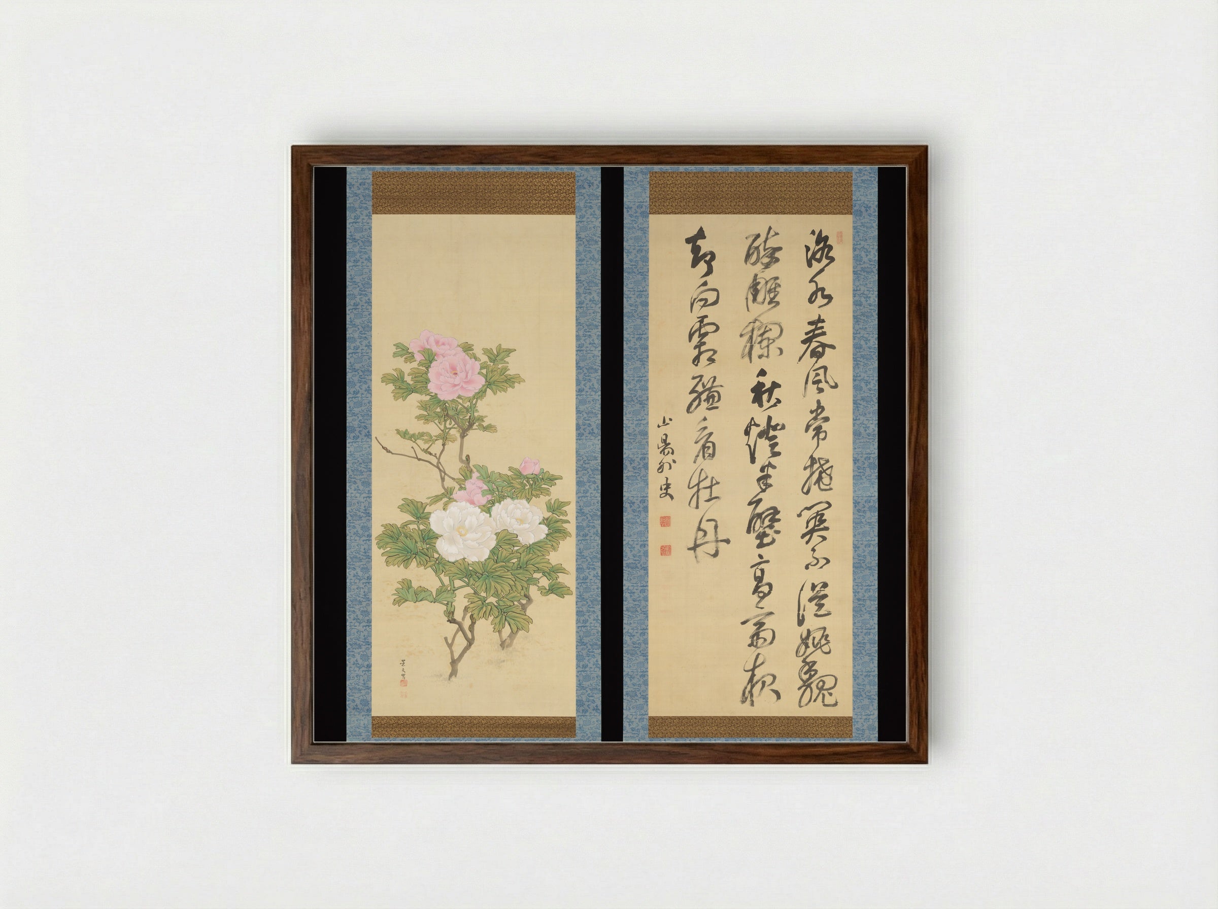 Tree Peonies and Chinese Poem on Peonies - Matsumura Keibun - Framed Print Dark Wood