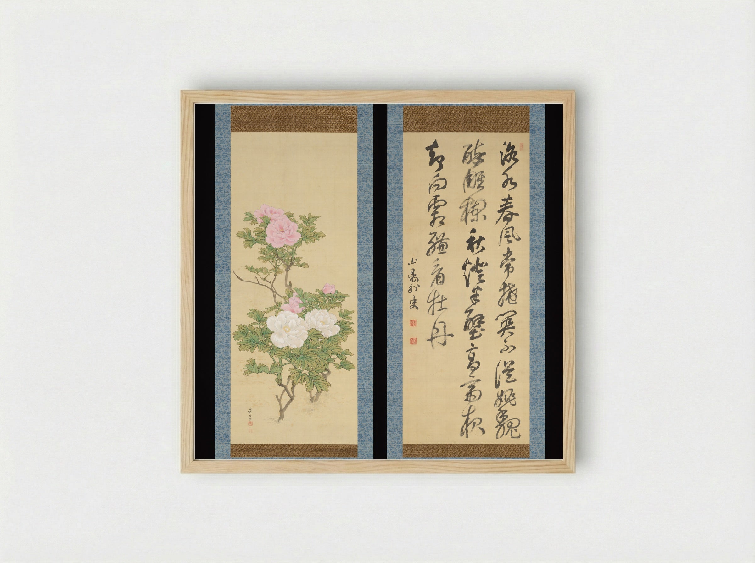 Tree Peonies and Chinese Poem on Peonies - Matsumura Keibun - Framed Print Wood