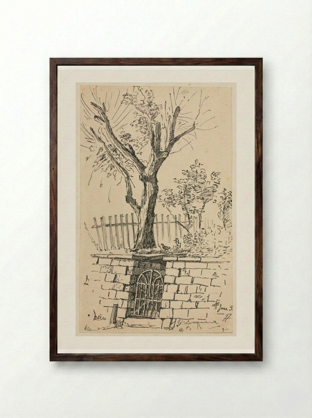 Tree on Top of a Stone Wall, Cleveland - Otto H. Bacher - Framed Print Dark Wood