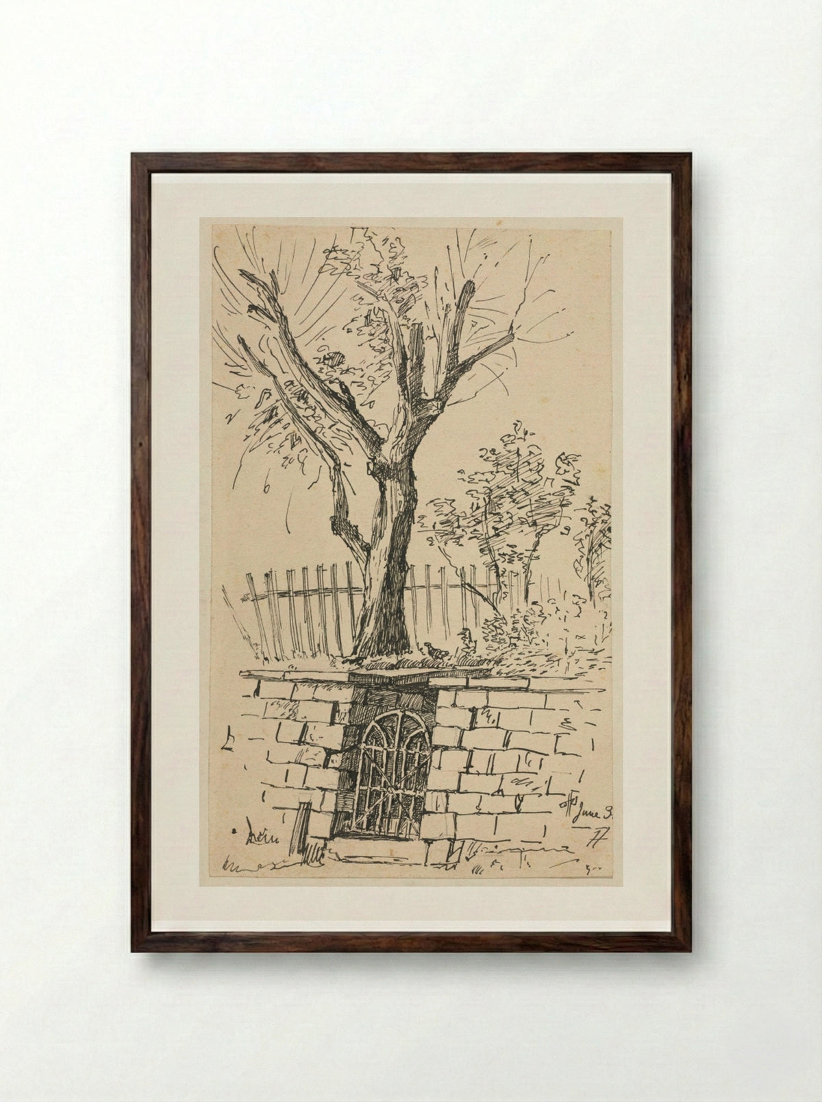 Tree on Top of a Stone Wall, Cleveland - Otto H. Bacher - Framed Print Dark Wood
