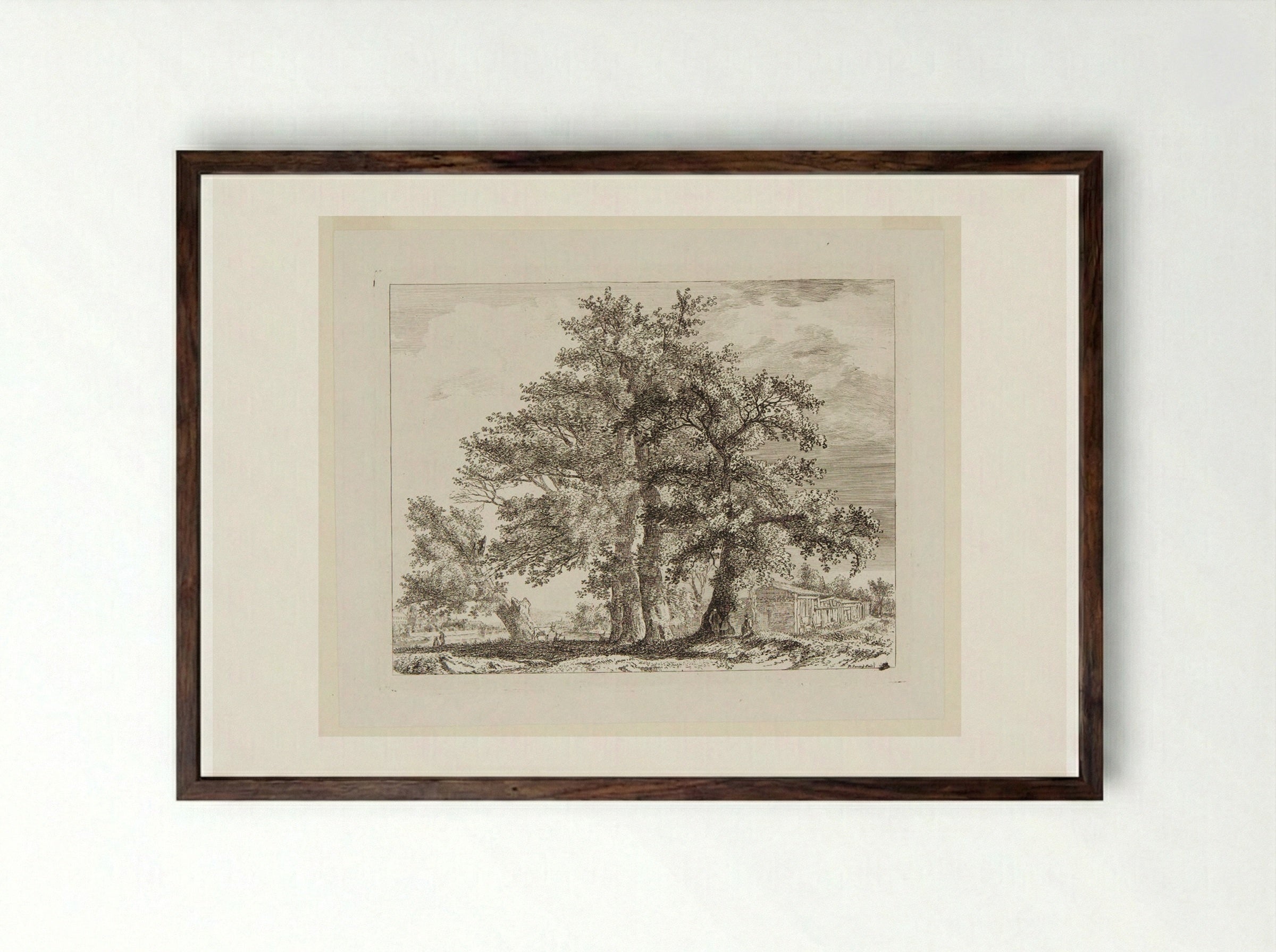 Trees and Huts with a Distant View of a Town by a River - Paul Sandby - Framed Print Dark Wood