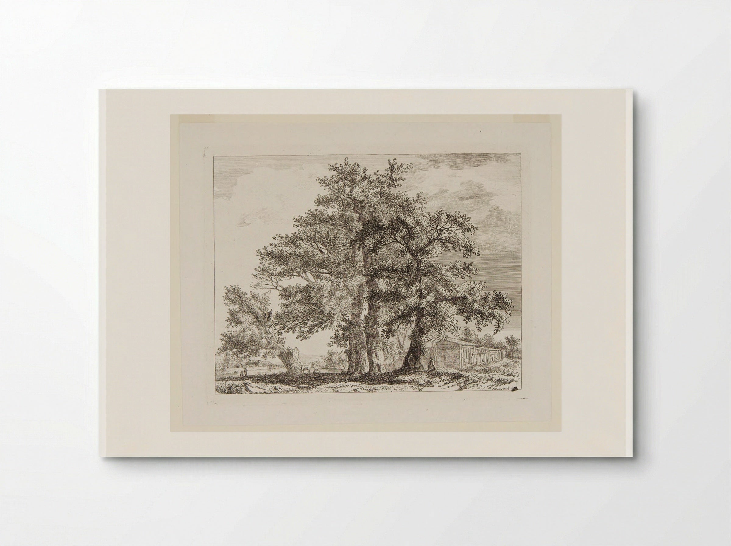 Trees and Huts with a Distant View of a Town by a River - Paul Sandby - Poster