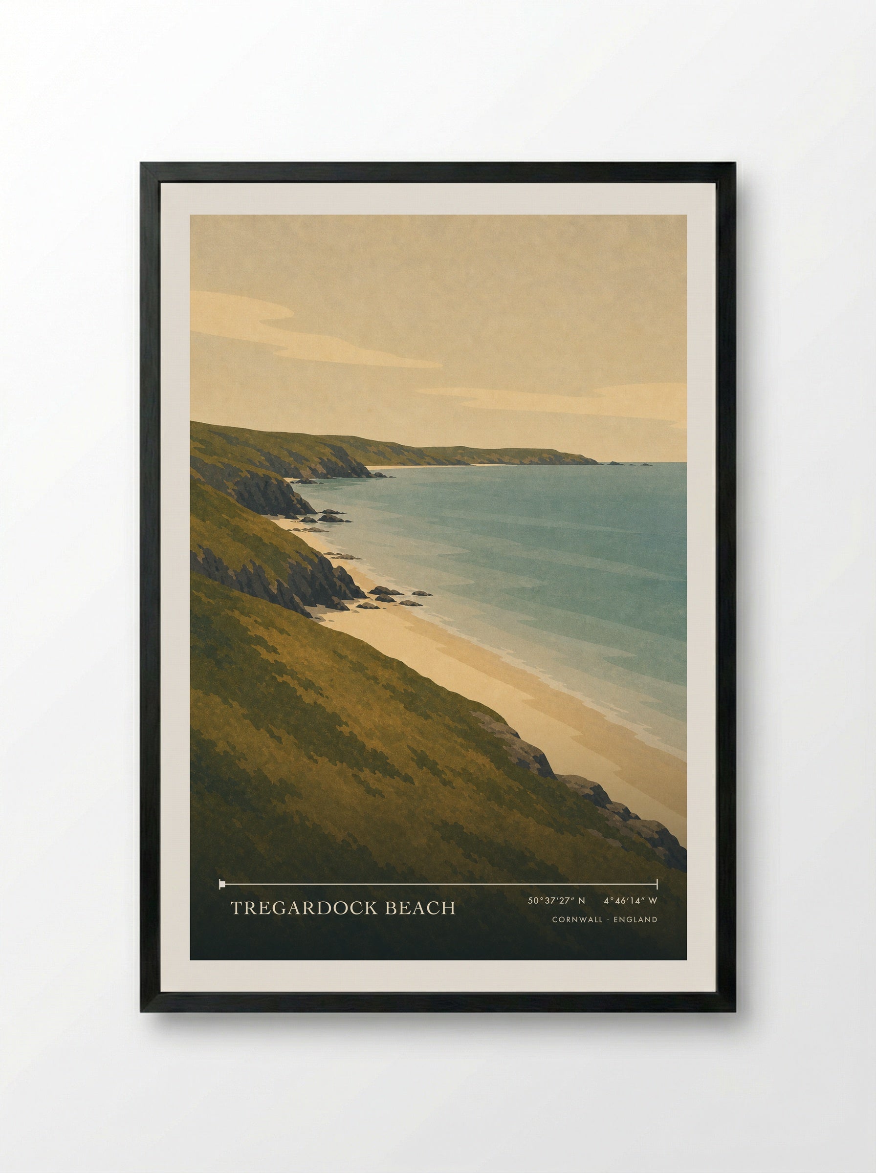 Tregardock Beach Cornwall England Travel Poster - Framed Print Black