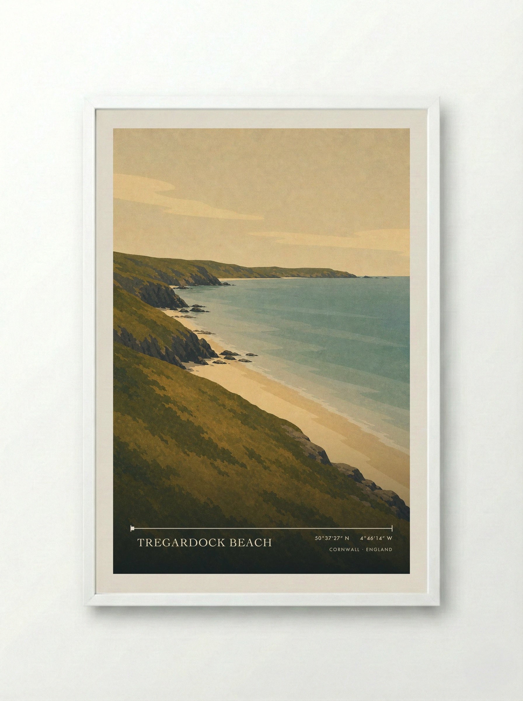 Tregardock Beach Cornwall England Travel Poster - Framed Print White