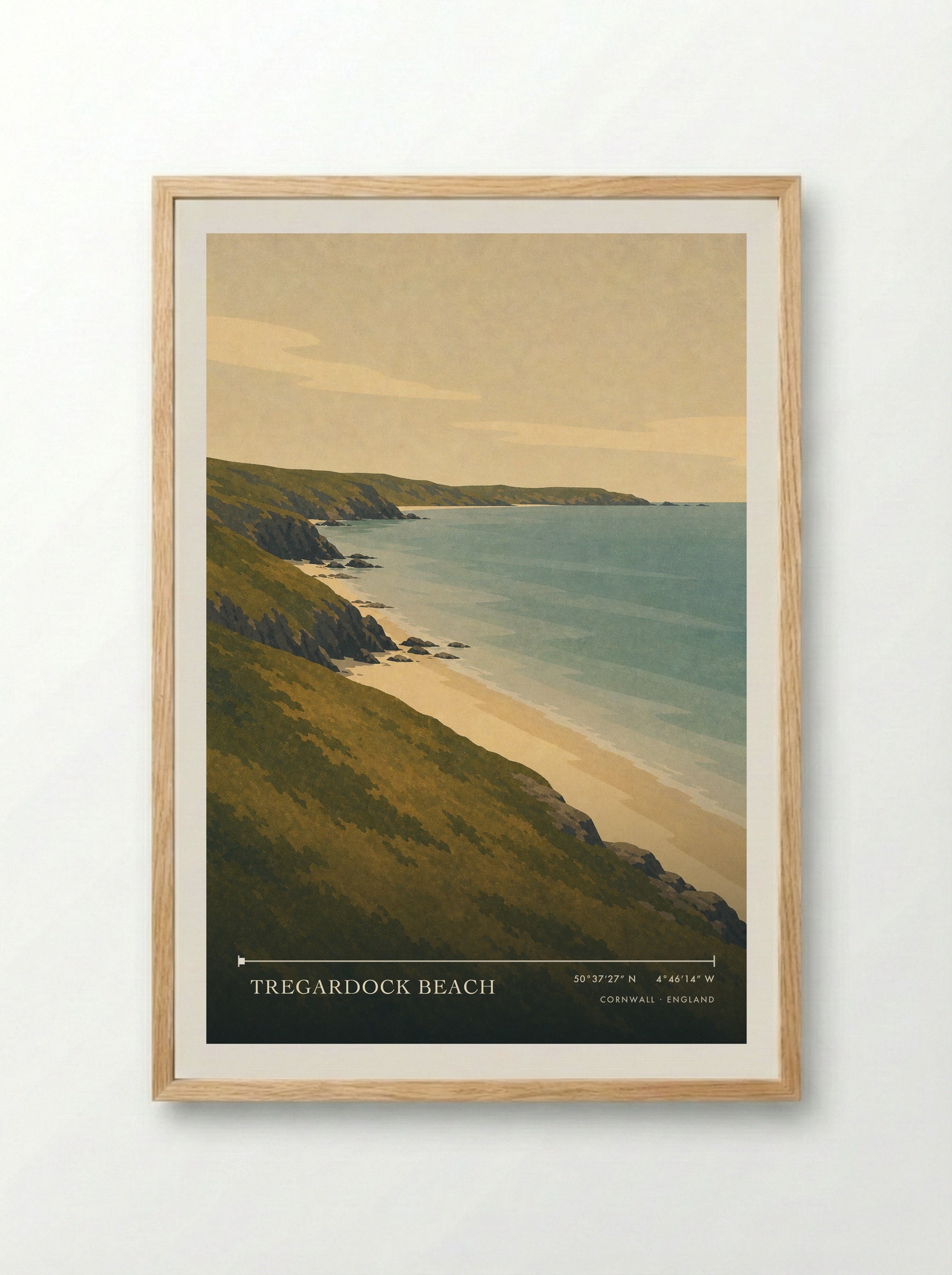 Tregardock Beach Cornwall England Travel Poster - Framed Print Wood
