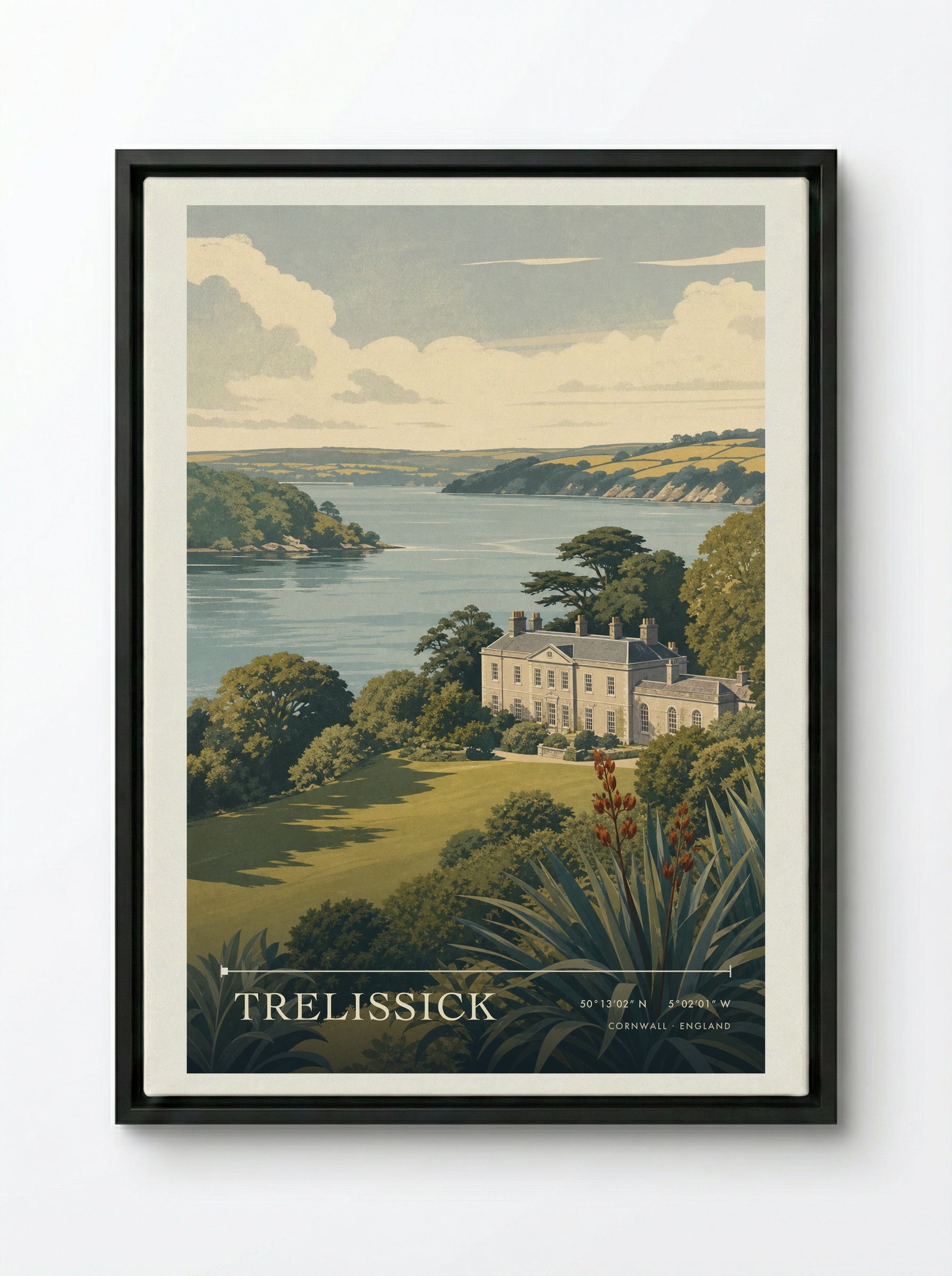 Trelissick Cornwall England Travel Poster - Framed Canvas Black