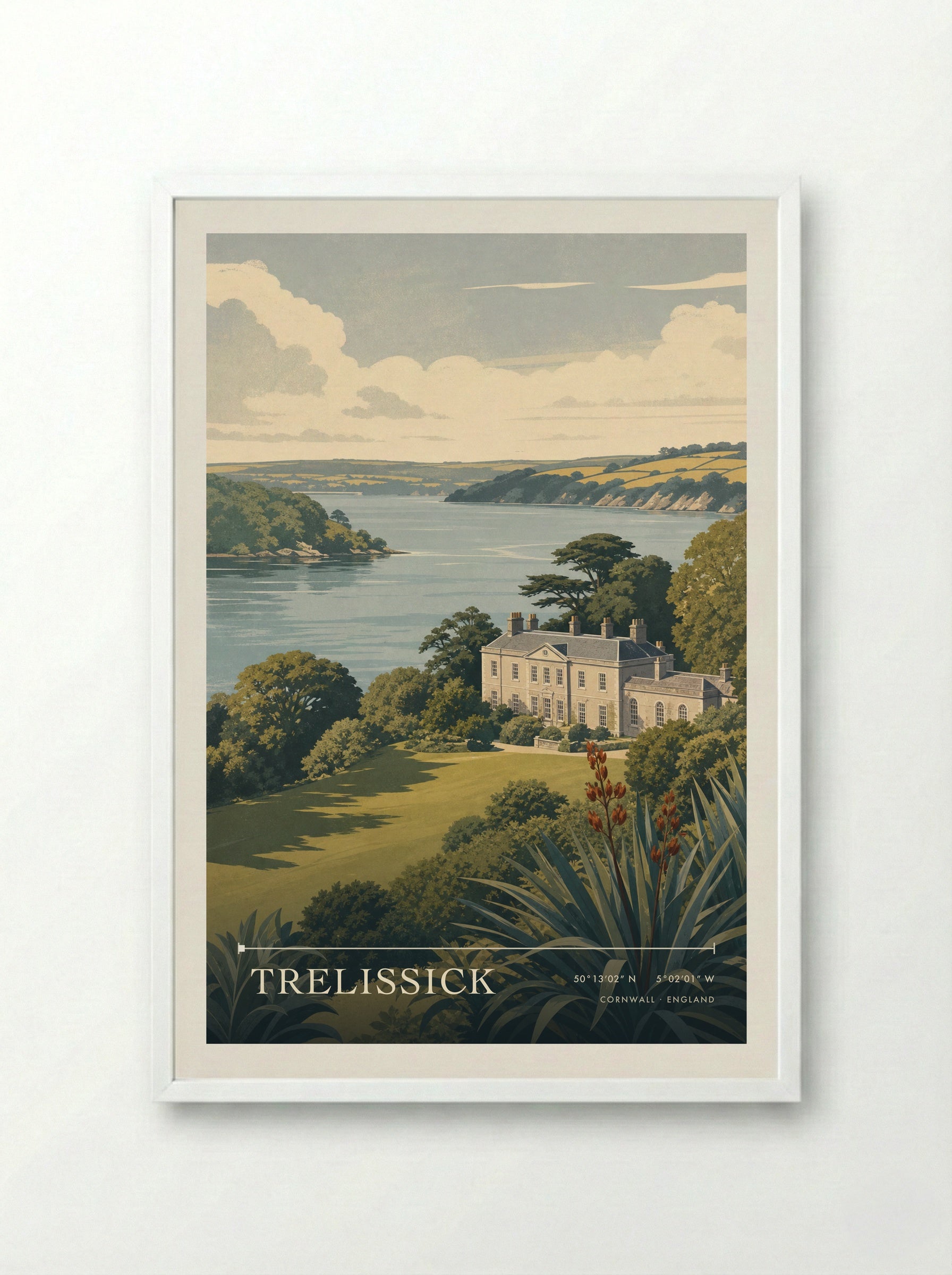 Trelissick Cornwall England Travel Poster - Framed Print White