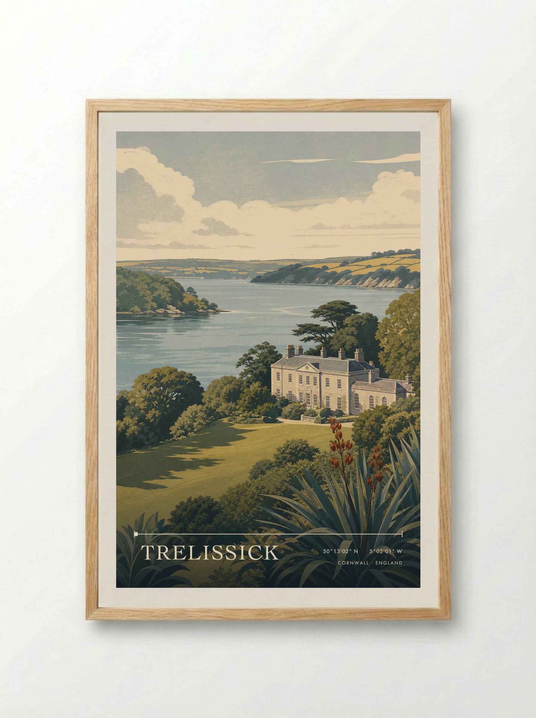 Trelissick Cornwall England Travel Poster - Framed Print Wood
