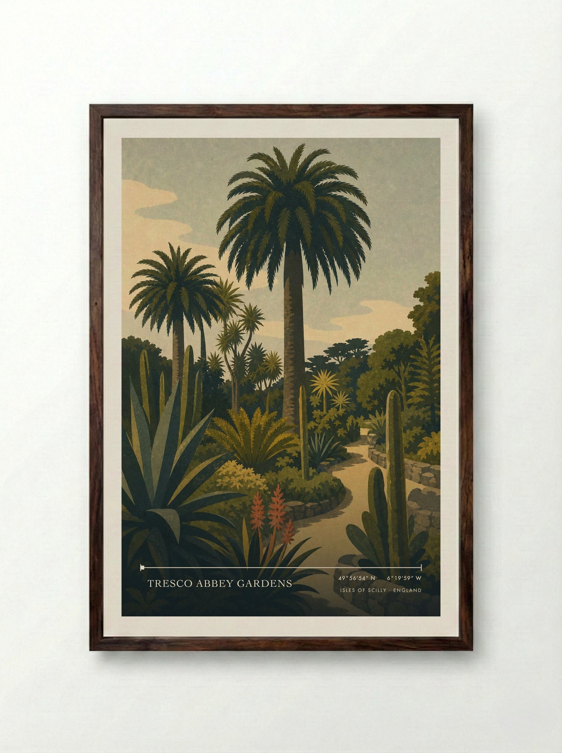 Tresco Abbey Gardens Isles of Scilly England Travel Poster - Framed Print Dark Wood