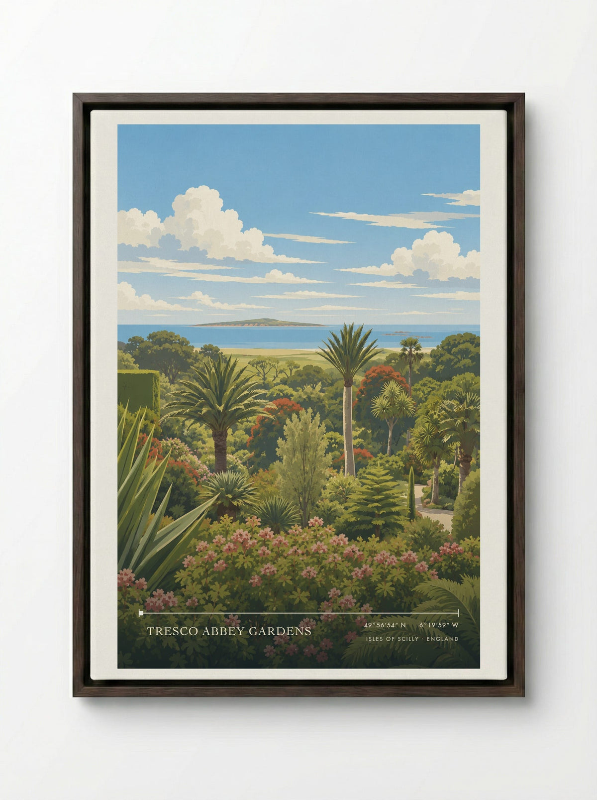 Tresco Abbey Gardens, Isles of Scilly | Travel Poster - Framed Canvas Dark Wood