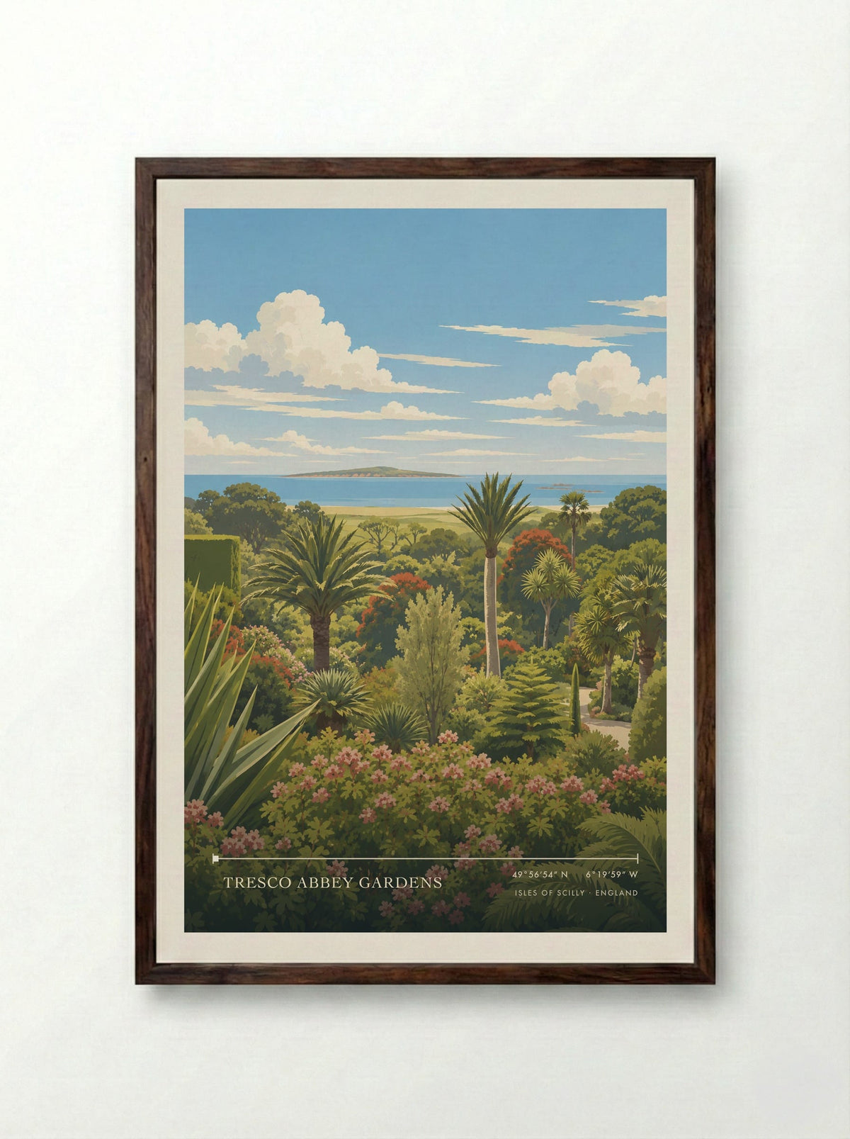 Tresco Abbey Gardens, Isles of Scilly | Travel Poster - Framed Print Dark Wood