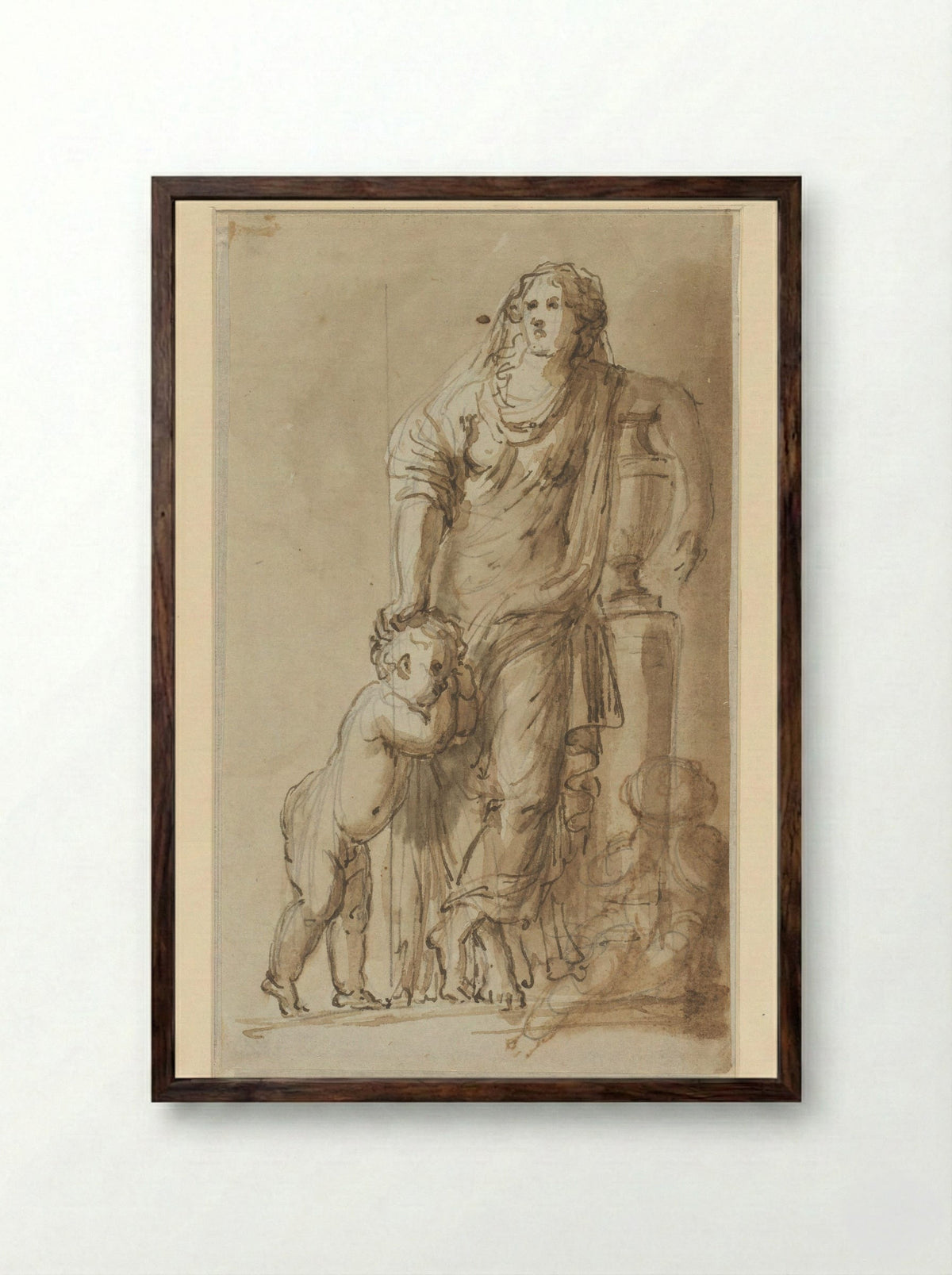 Treurende vrouw met twee kinderen - Willem Jacob Herreyns - Framed Print Dark Wood