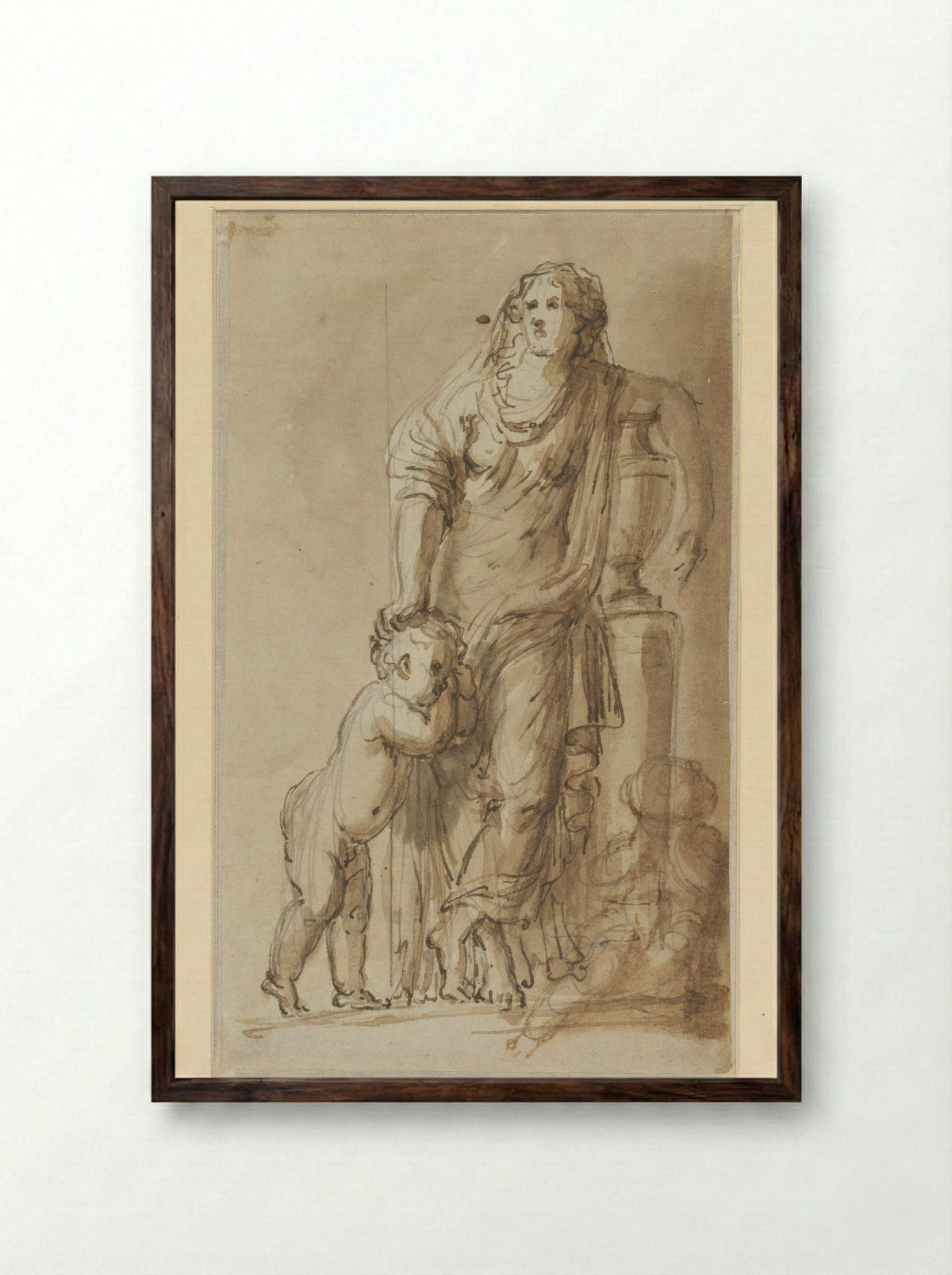Treurende vrouw met twee kinderen - Willem Jacob Herreyns - Framed Print Dark Wood