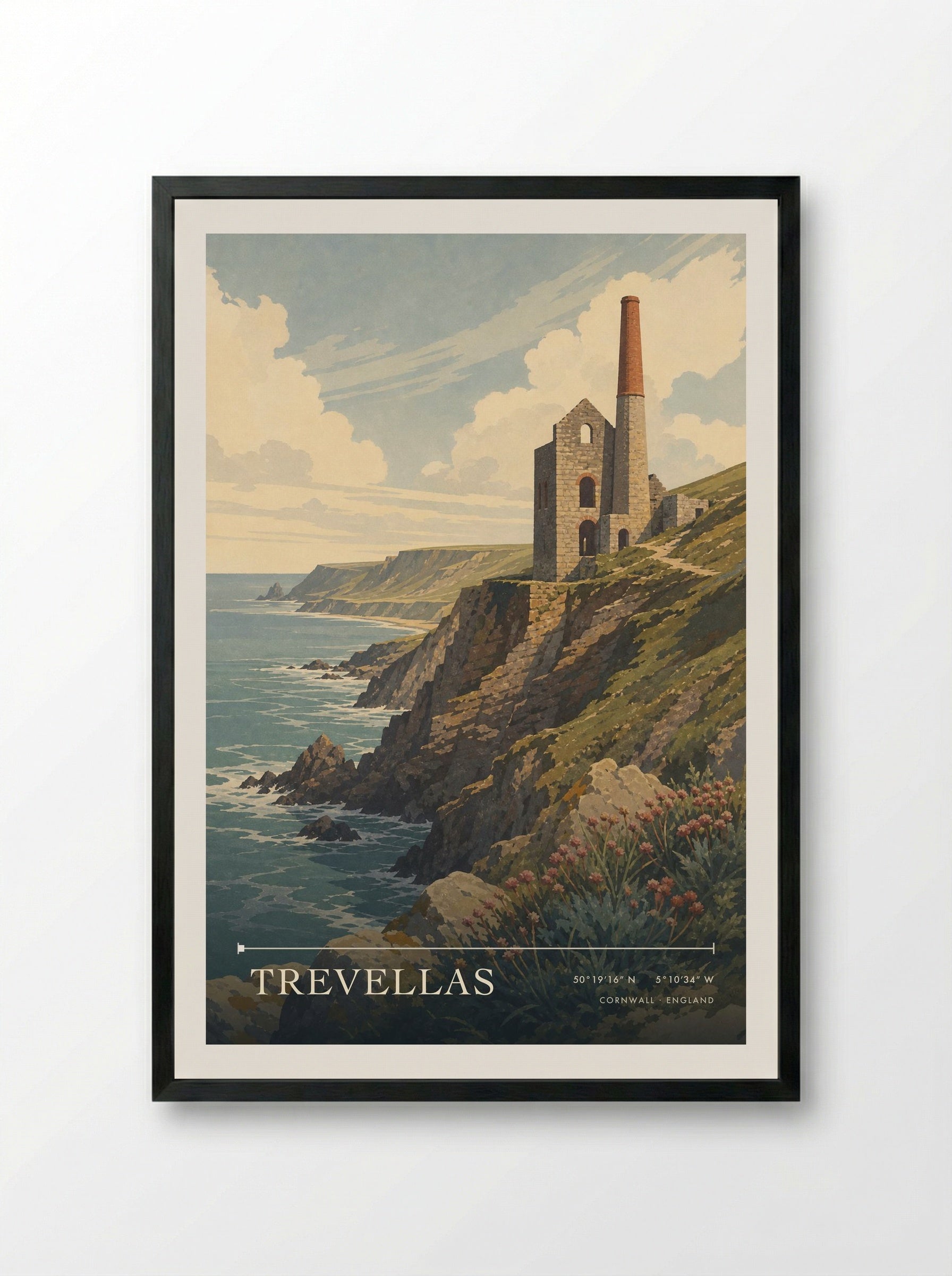 Trevellas Cornwall England Travel Poster - Framed Print Black