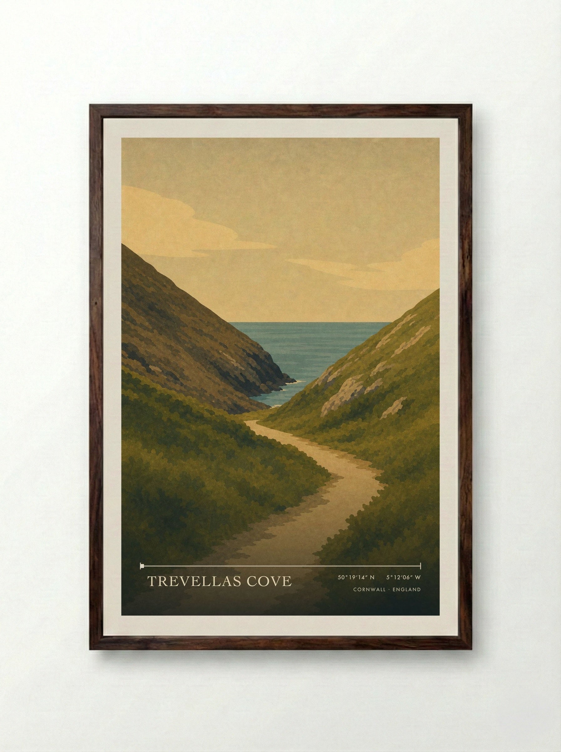 Trevellas Cove Cornwall England Travel Poster - Framed Print Dark Wood