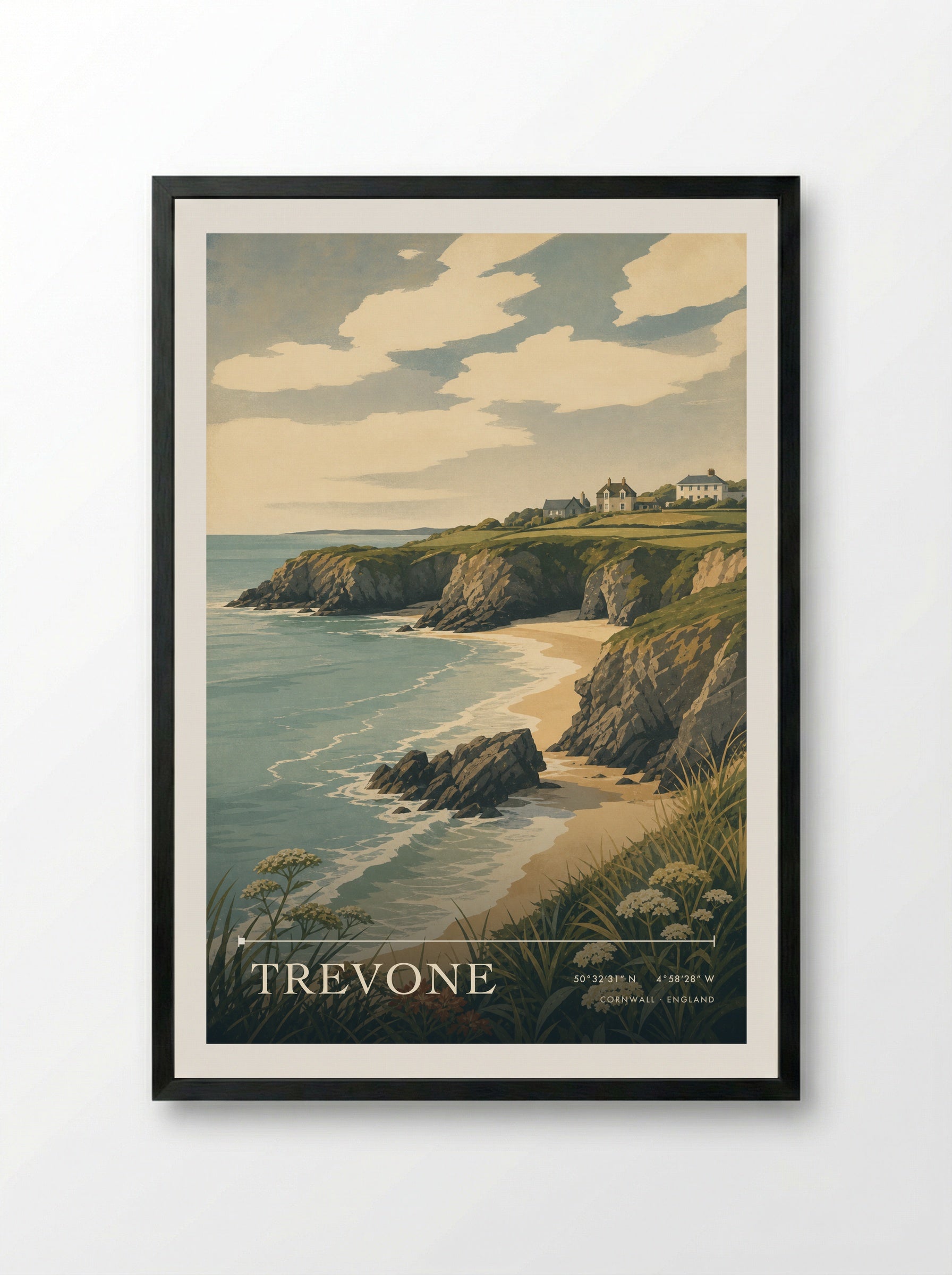 Trevone Cornwall England Travel Poster - Framed Print Black