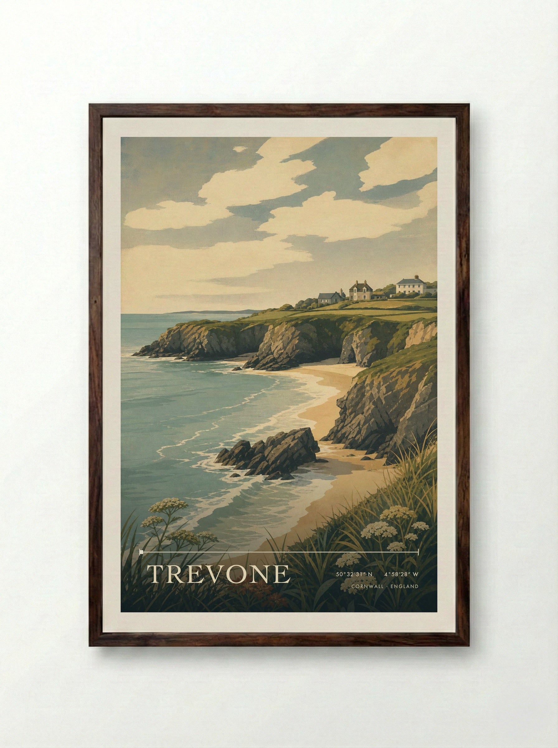 Trevone Cornwall England Travel Poster - Framed Print Dark Wood