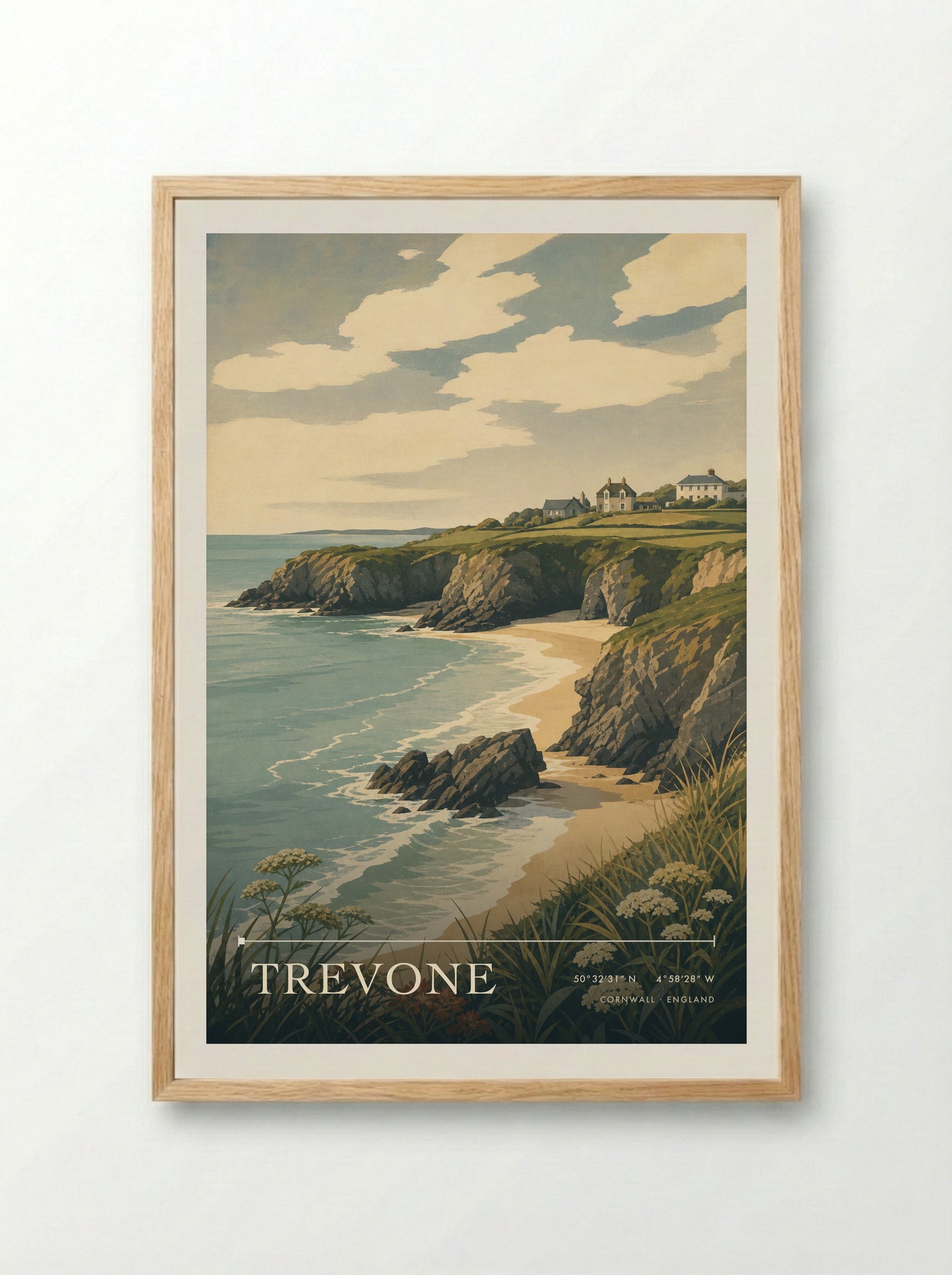 Trevone Cornwall England Travel Poster - Framed Print Wood
