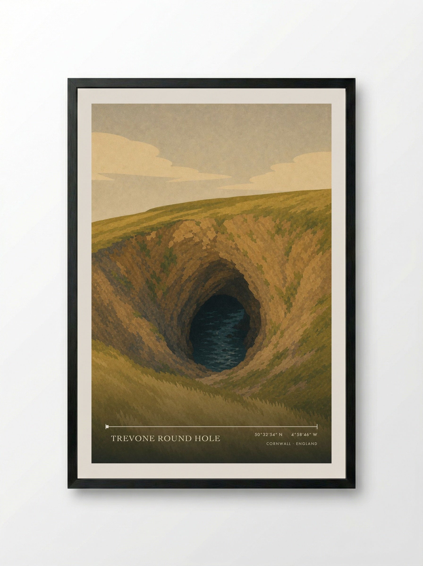 Trevone Round Hole Cornwall England Travel Poster - Framed Print Black