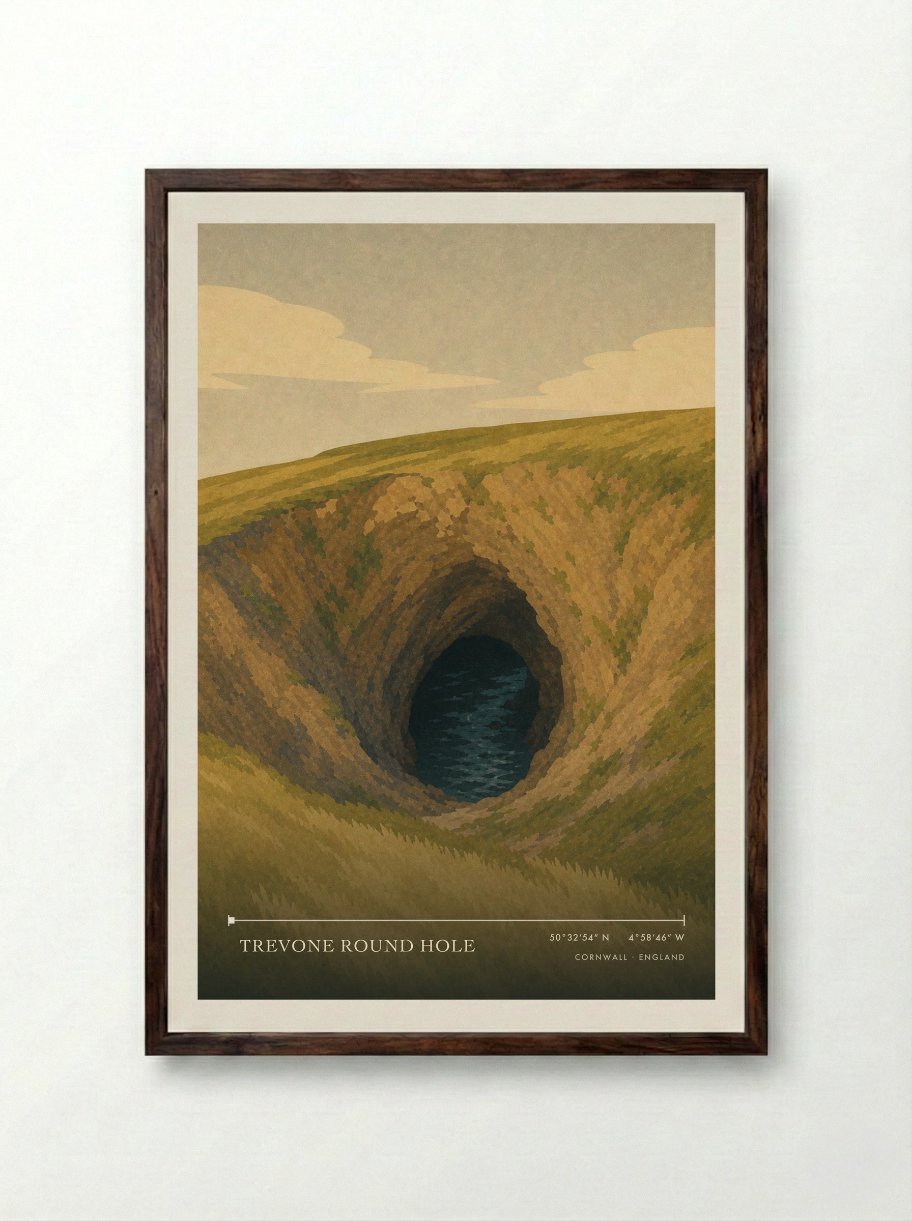 Trevone Round Hole Cornwall England Travel Poster - Framed Print Dark Wood