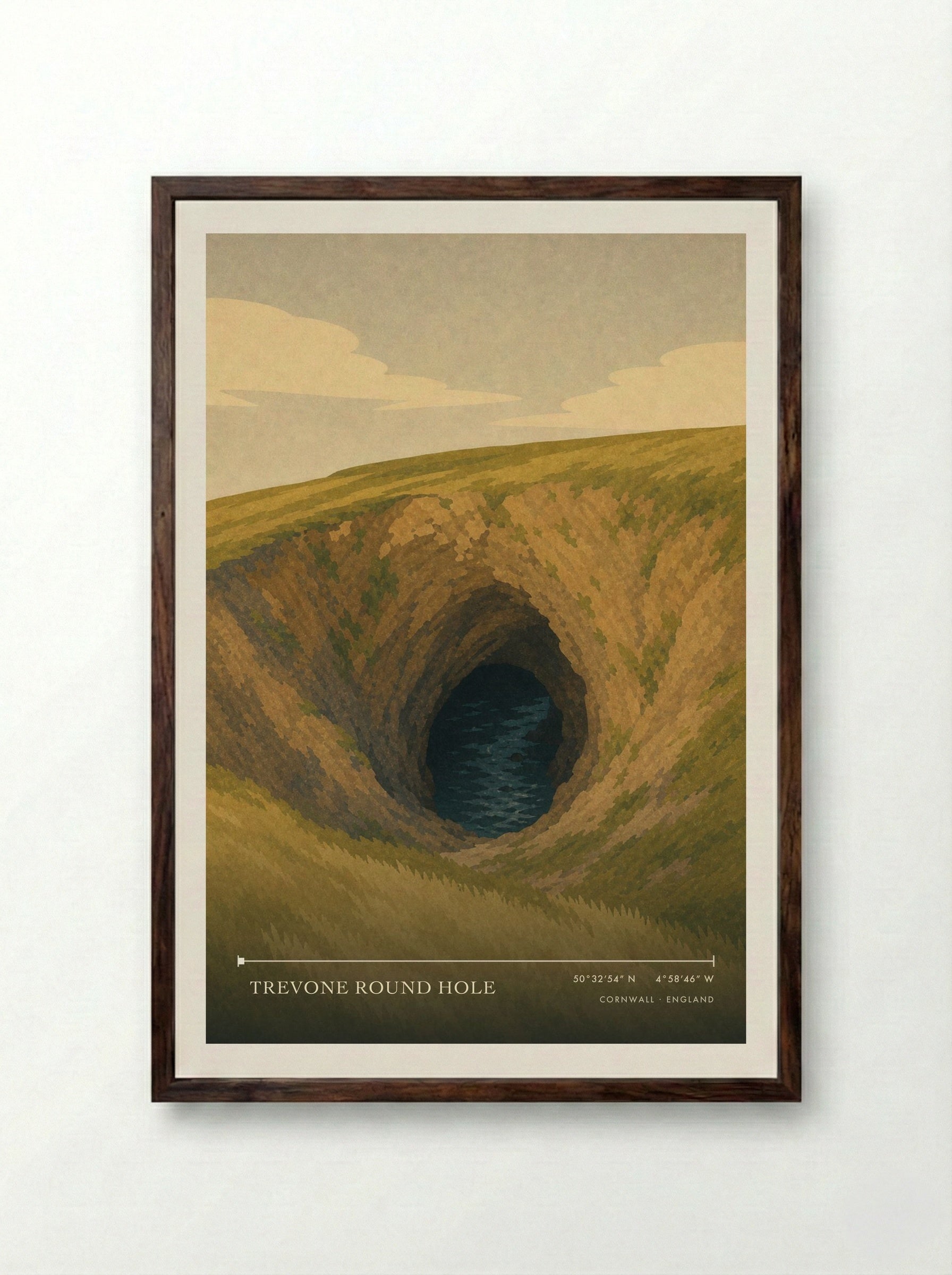 Trevone Round Hole Cornwall England Travel Poster - Framed Print Dark Wood